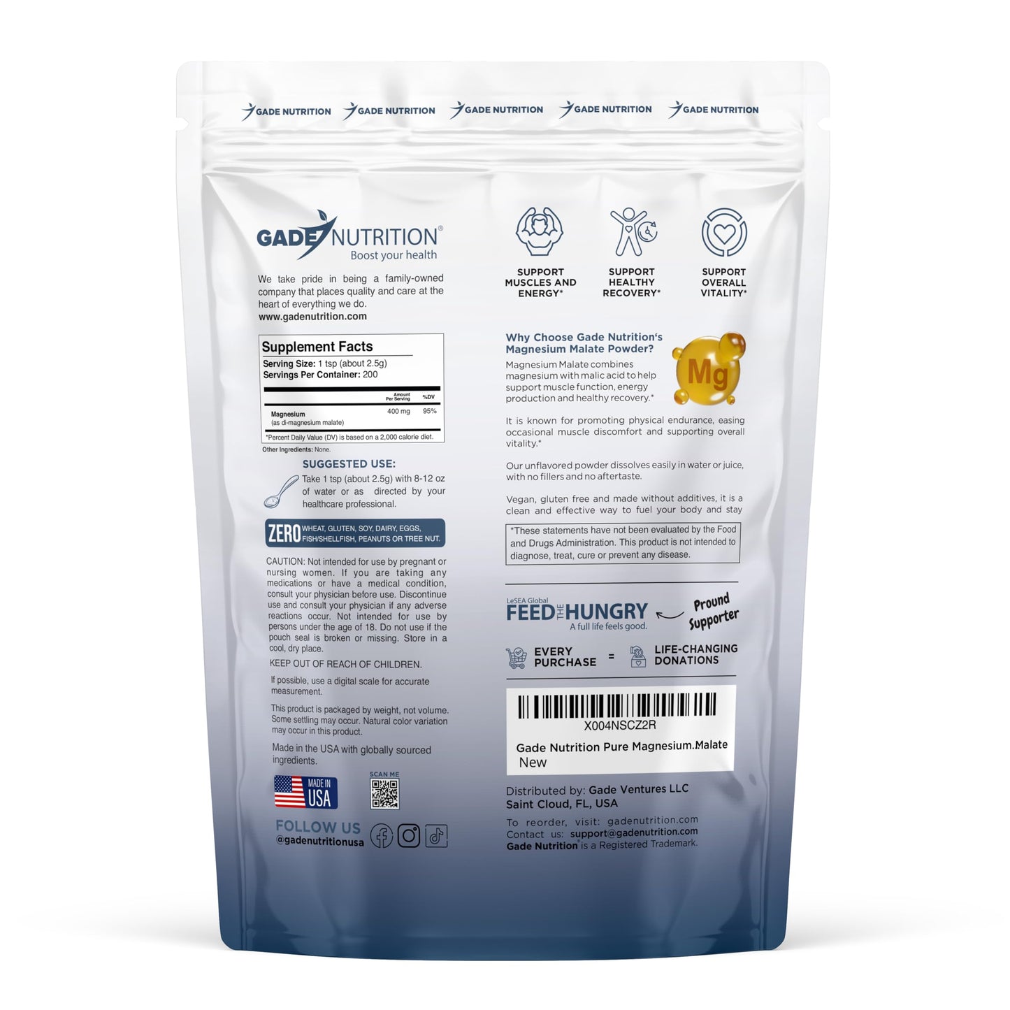 GADE NUTRITION BOOST YOUR HEALTH Magnesium Malate Powder 17.6 Ounce