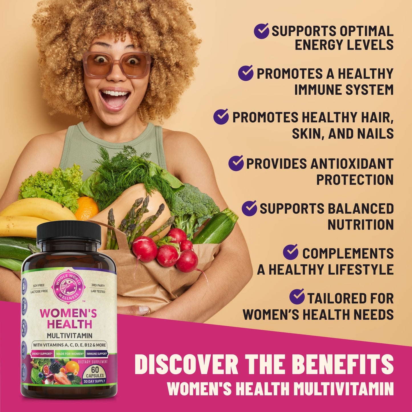 WHOLE WORLD WELLNESS Womens Daily Multivitamin Multimineral Capsule for Energy, Mood, Focus, Hair, Skin & Nails, 60 Count