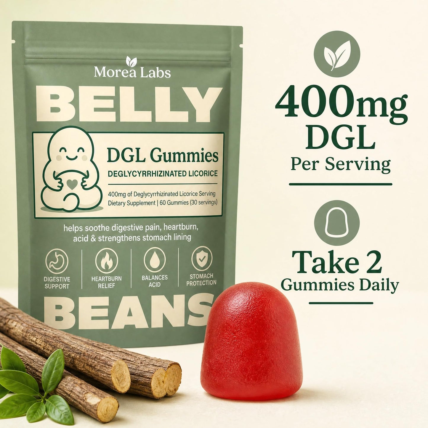 Morea Labs DGL Gummies 400mg Deglycyrrhizinated Licorice Root Extract, 60 Gummies