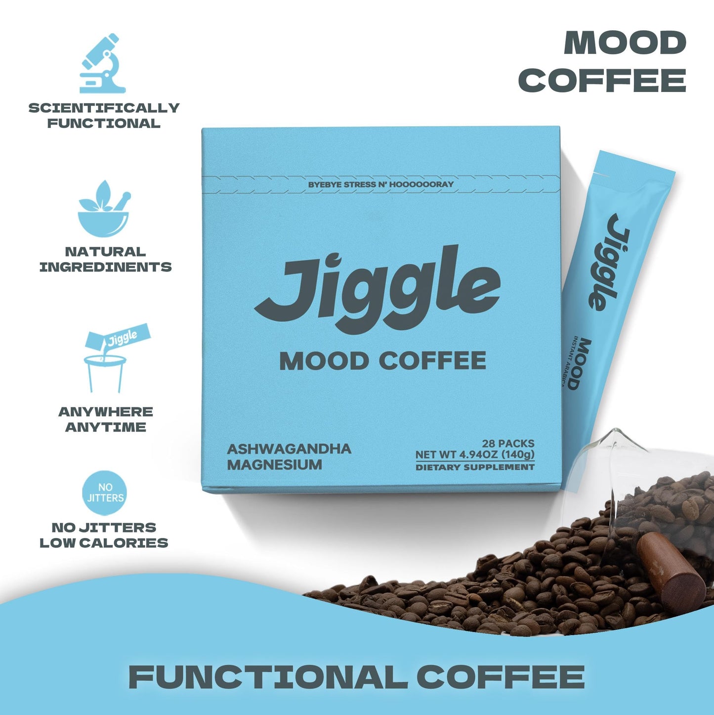Generic Jiggle Functional Coffee for Mood & Cortisol, Brain & Nootropics, Ashwagandha, L-Theanine, Saffron, Sugar-free, Powder, 5