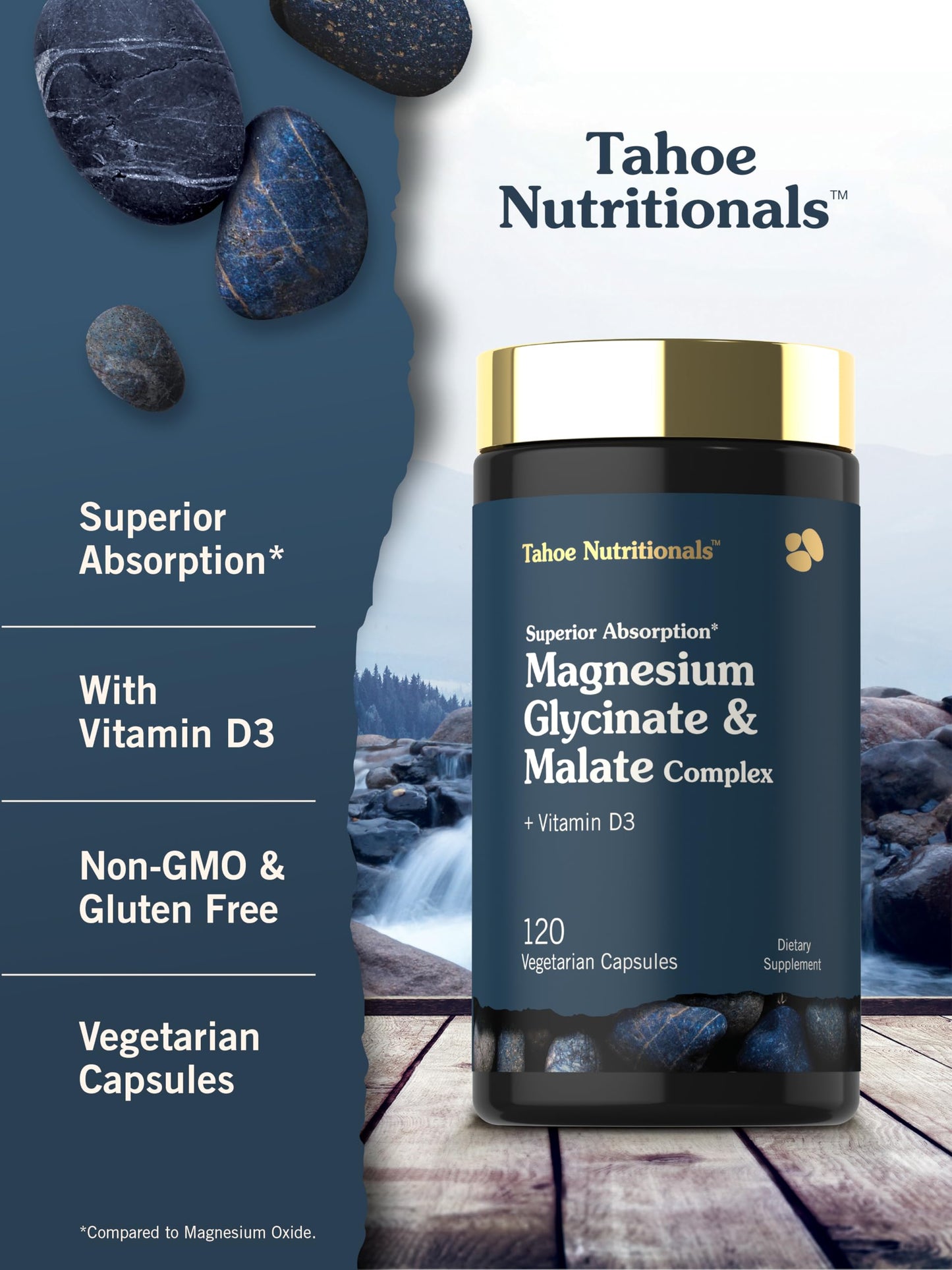 Tahoe Nutritionals Magnesium Glycinate and Malate Complex with Vitamin D3, 120 Capsules