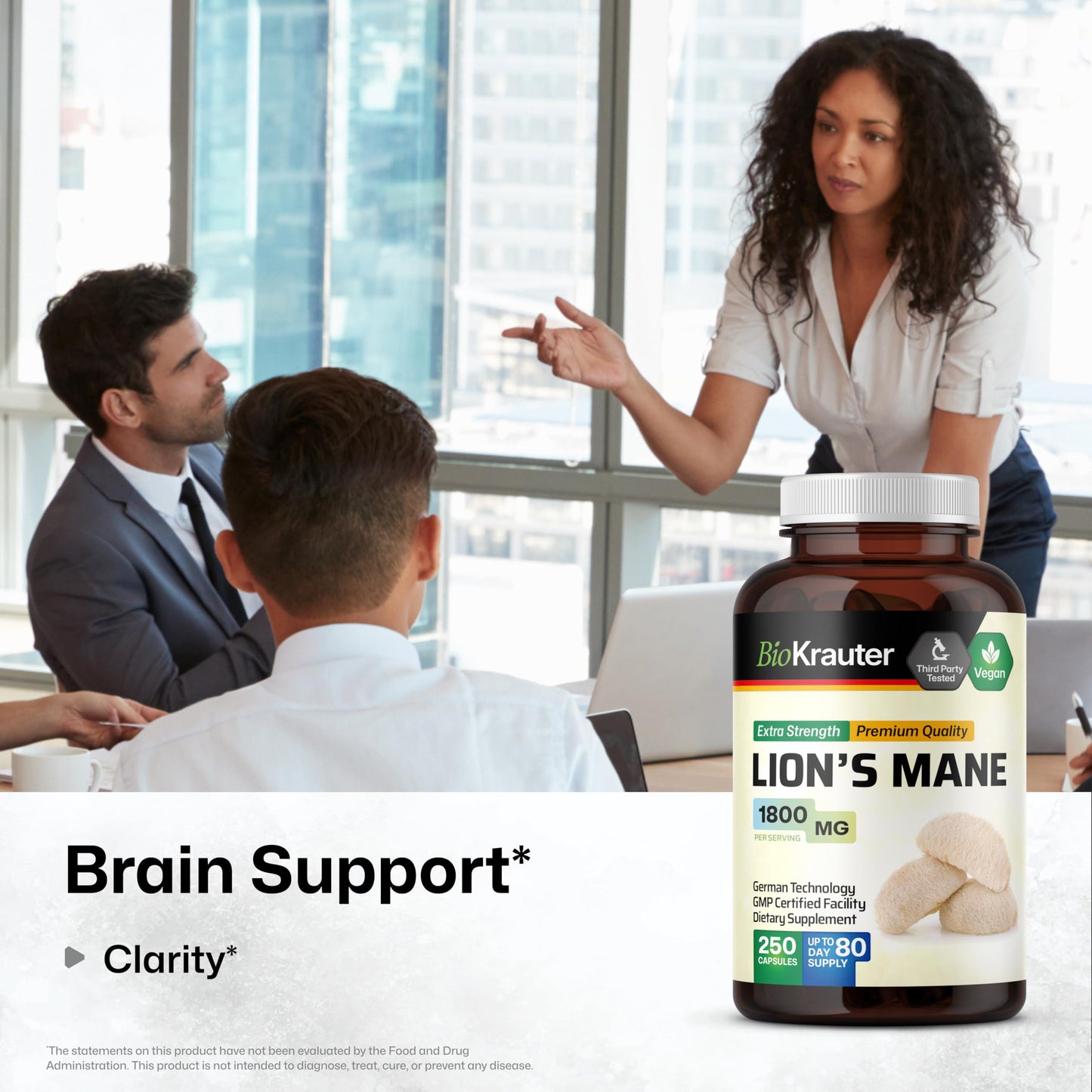 BIO KRAUTER Lions Mane for Focus Support & Brain Health - Vegan Lion's Mane Mushroom Supplement, 1800 mg per Serving, 250 Capsules