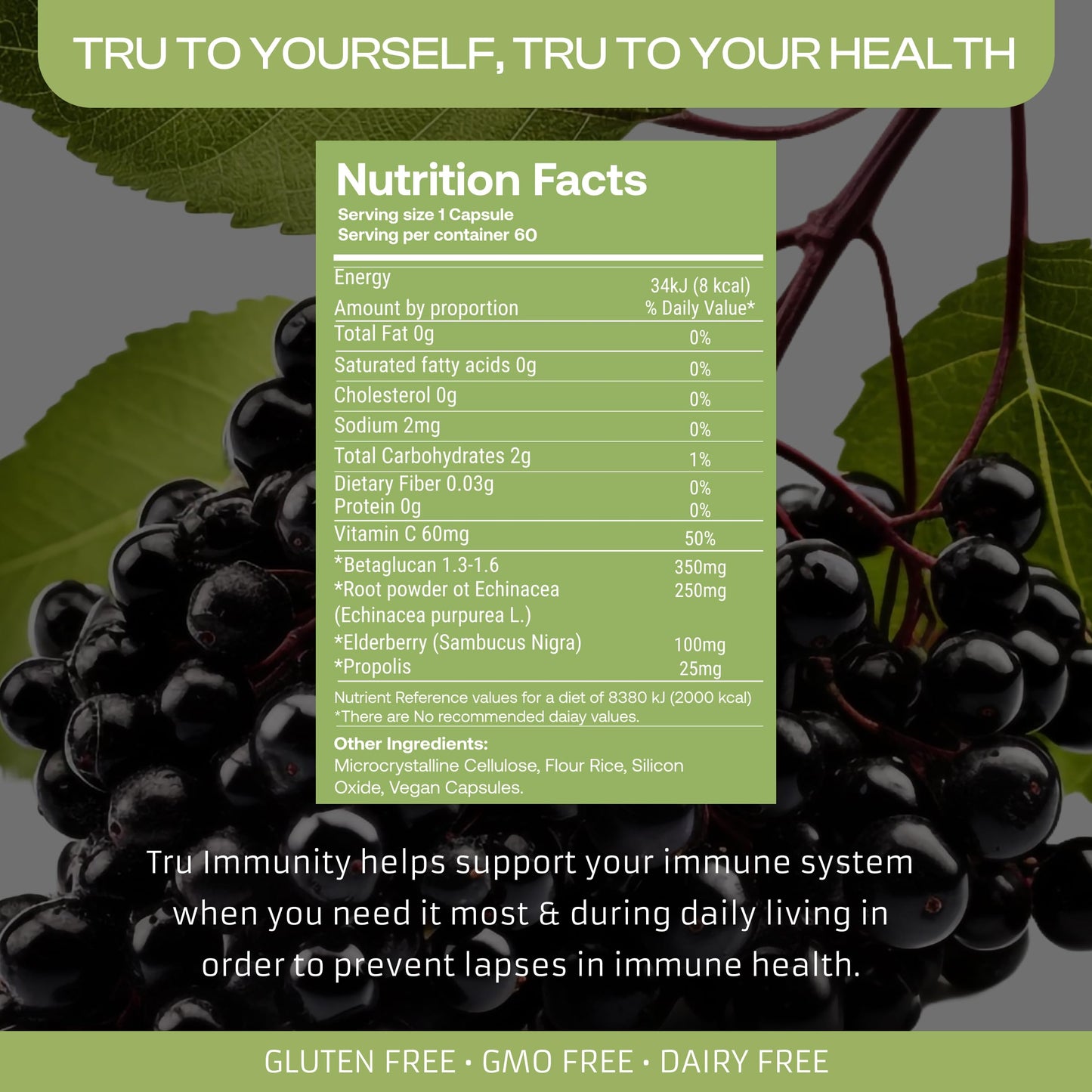 Only Nutri Labs Tru Immunity Dietary Supplement with Elderberry, Propolis, Echinacea, Vitamin C & Beta Glucans Daily Wellness Capsules, 60 Count