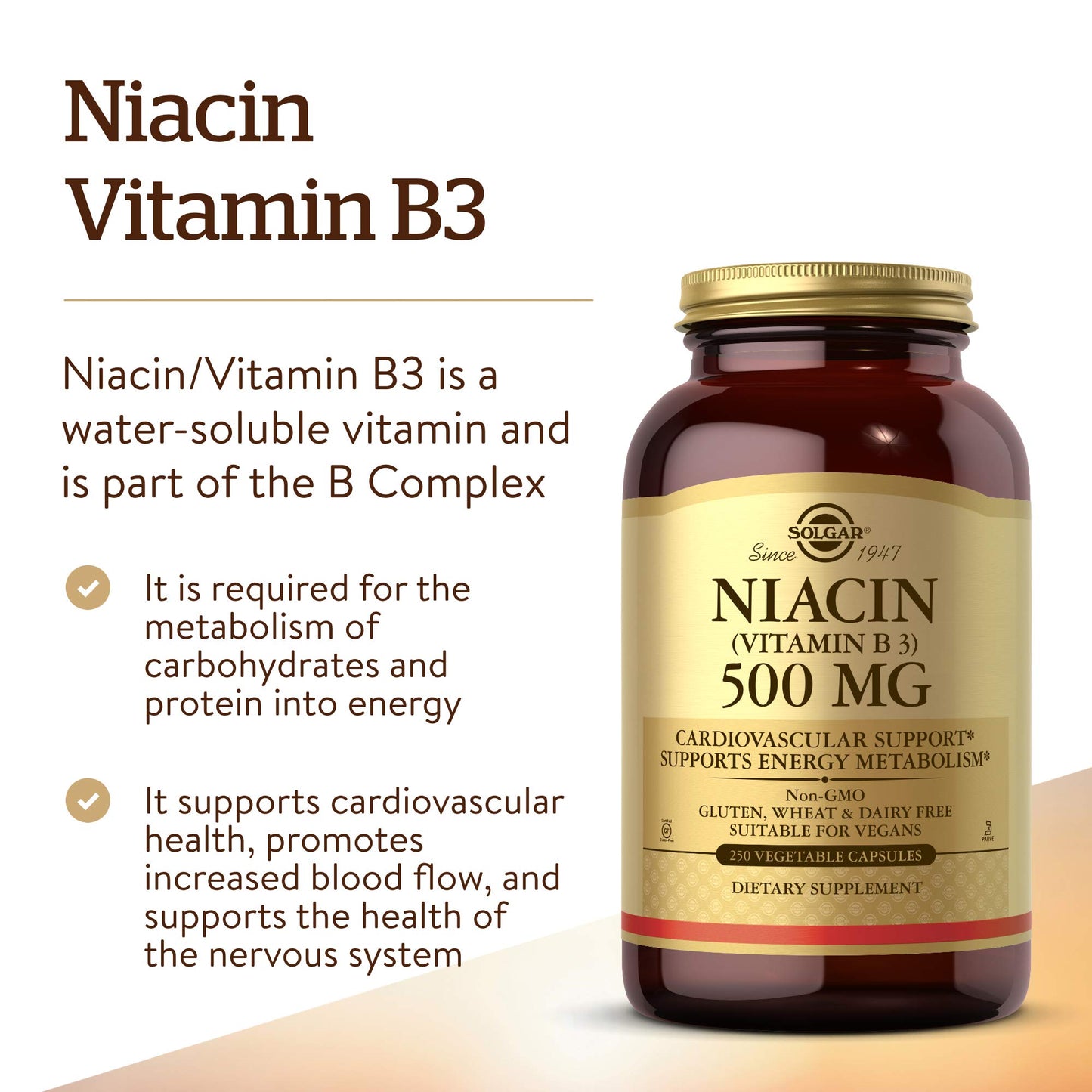 Solgar Niacin (Vitamin B3) 500 mg Capsules, 250 Count