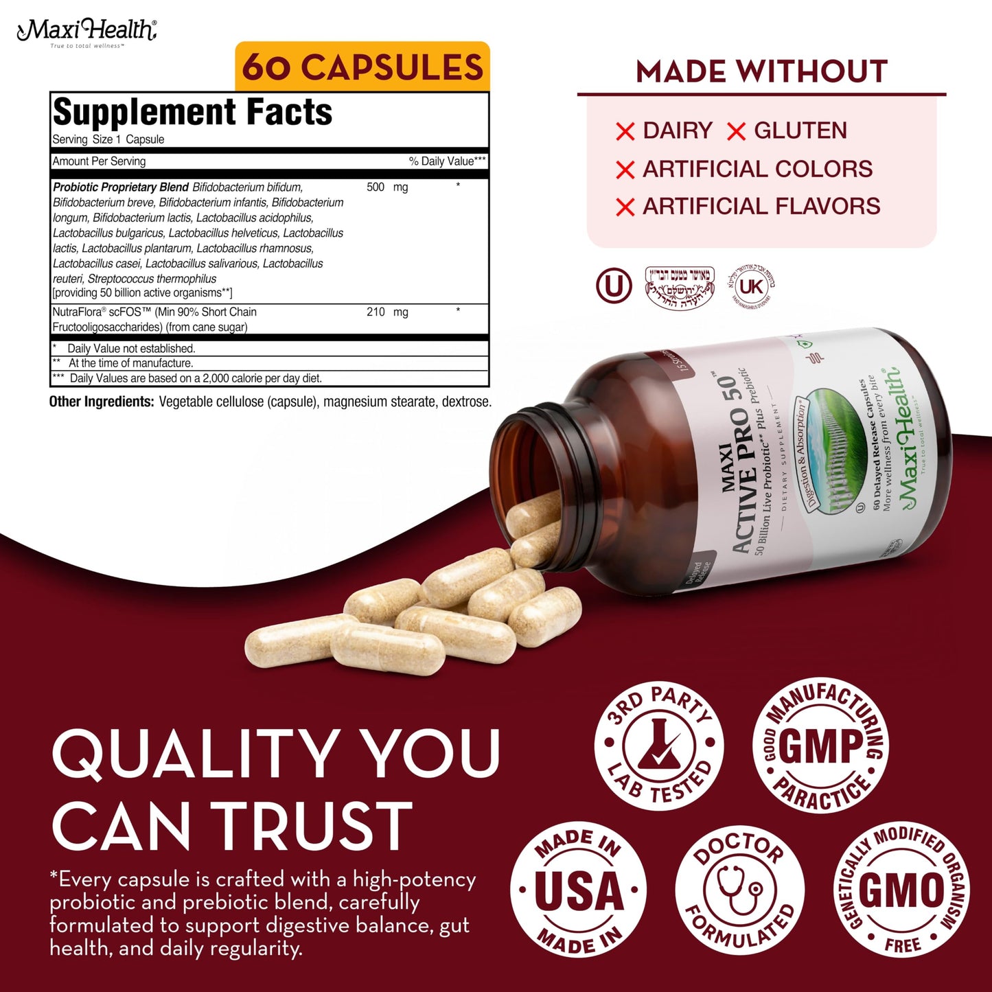 Maxi Health Probiotic Plus Ultimate Prebiotic Advanced Live Probiotics Formula - 50 Billion Live Active Probiotic - 15 Strains - Ultra Protection - Active Pro-50 Capsule, 60 Count