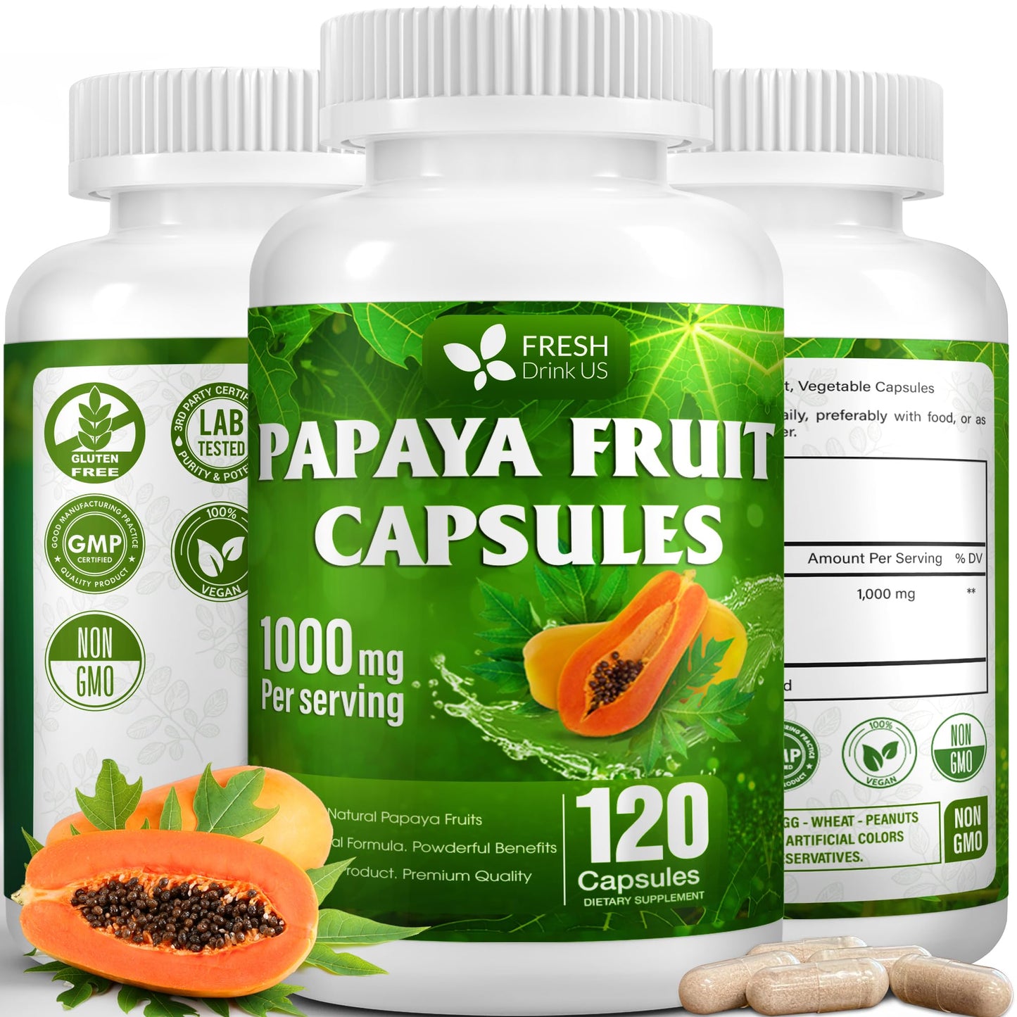 FRESHDRINKUS Papaya Fruit Extract Capsules, 120 Count