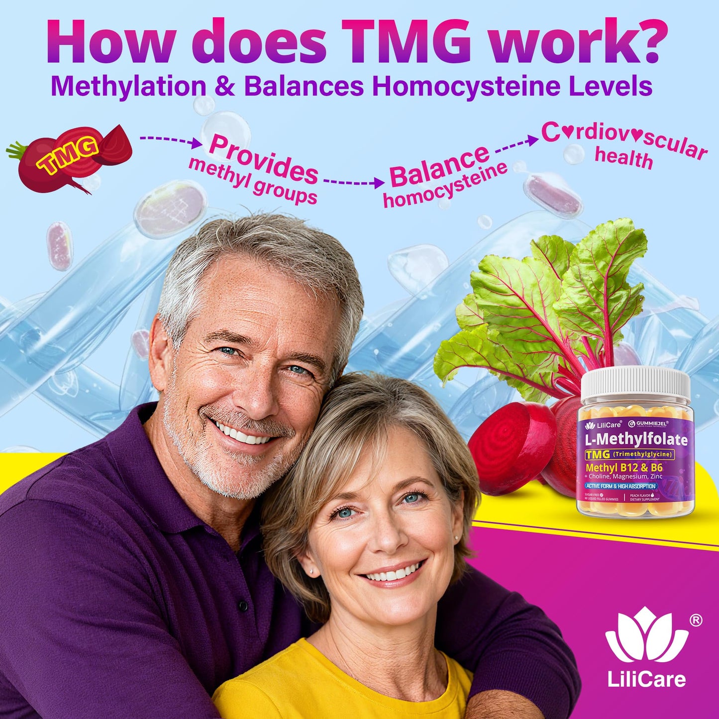 LILICARE L-MethylFolate + B12 Gummies, Methylated B Complex + TMG, Magnesium & Choline, 5-MTHF(B9) Active + Methyl B12, B6, Sugar Free, 60 Count