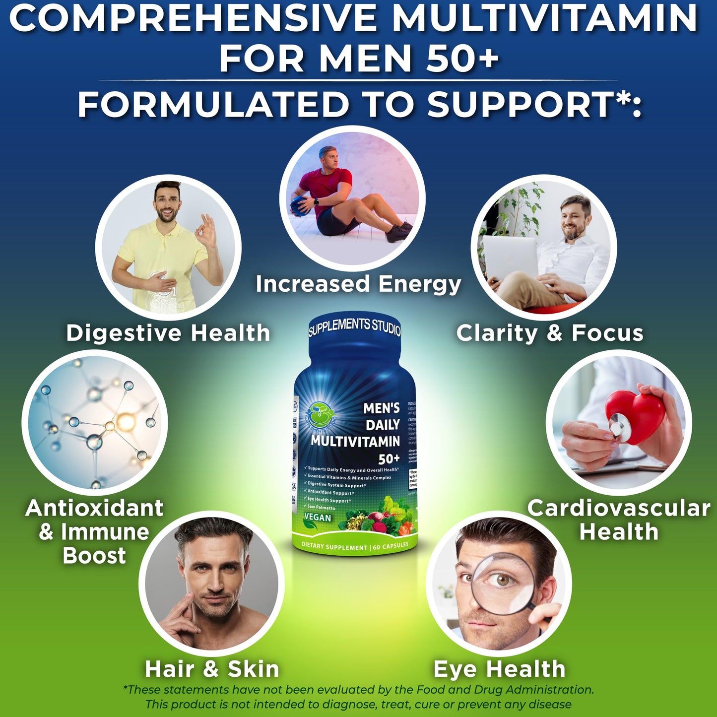 SUPPLEMENTS STUDIO Men's Daily Multivitamin 50 Plus Vegan Methylated Multivitamin for Men 50 and Over with Saw Palmetto Biotin Organic Superfoods Lutein Eye Energy Gut Health Support Capsules 60 Count