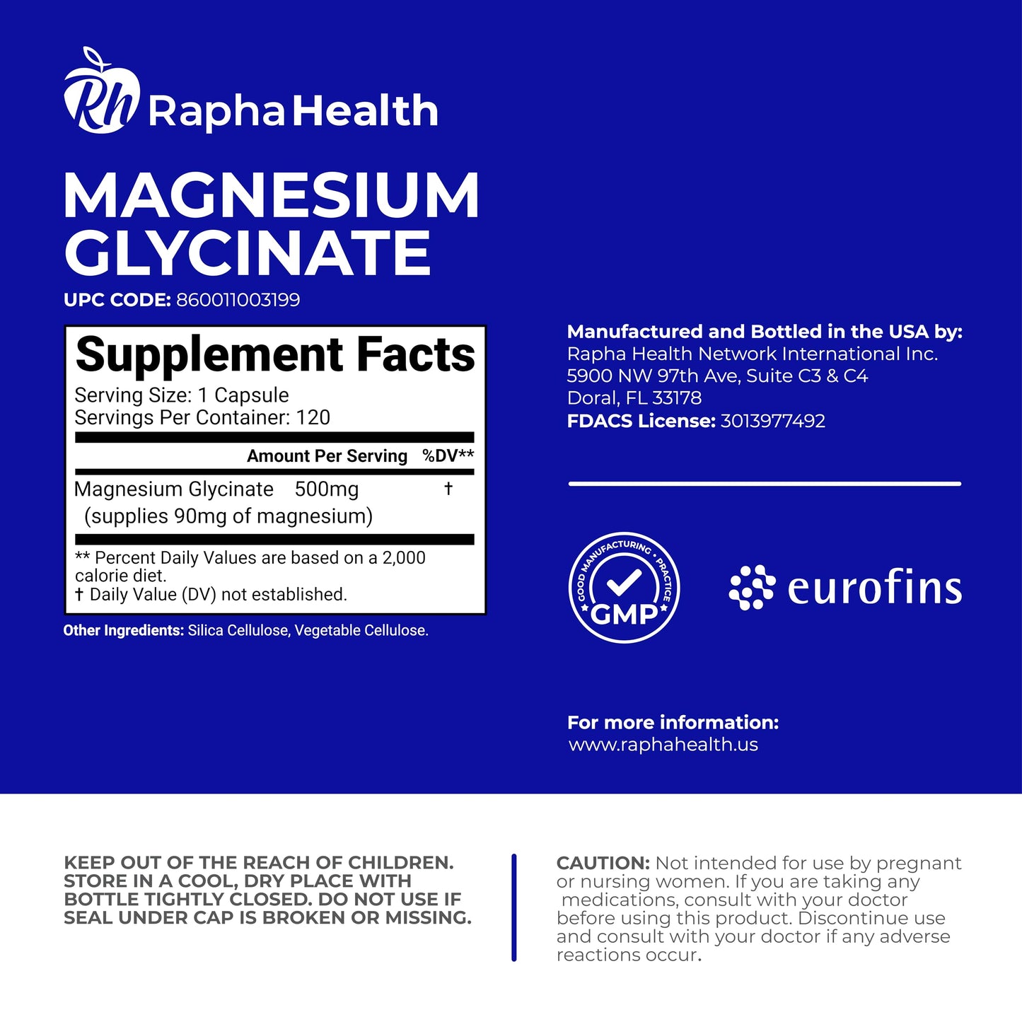 RAPHA HEALTH Magnesium Glycinate 500mg Capsule, 120 Count