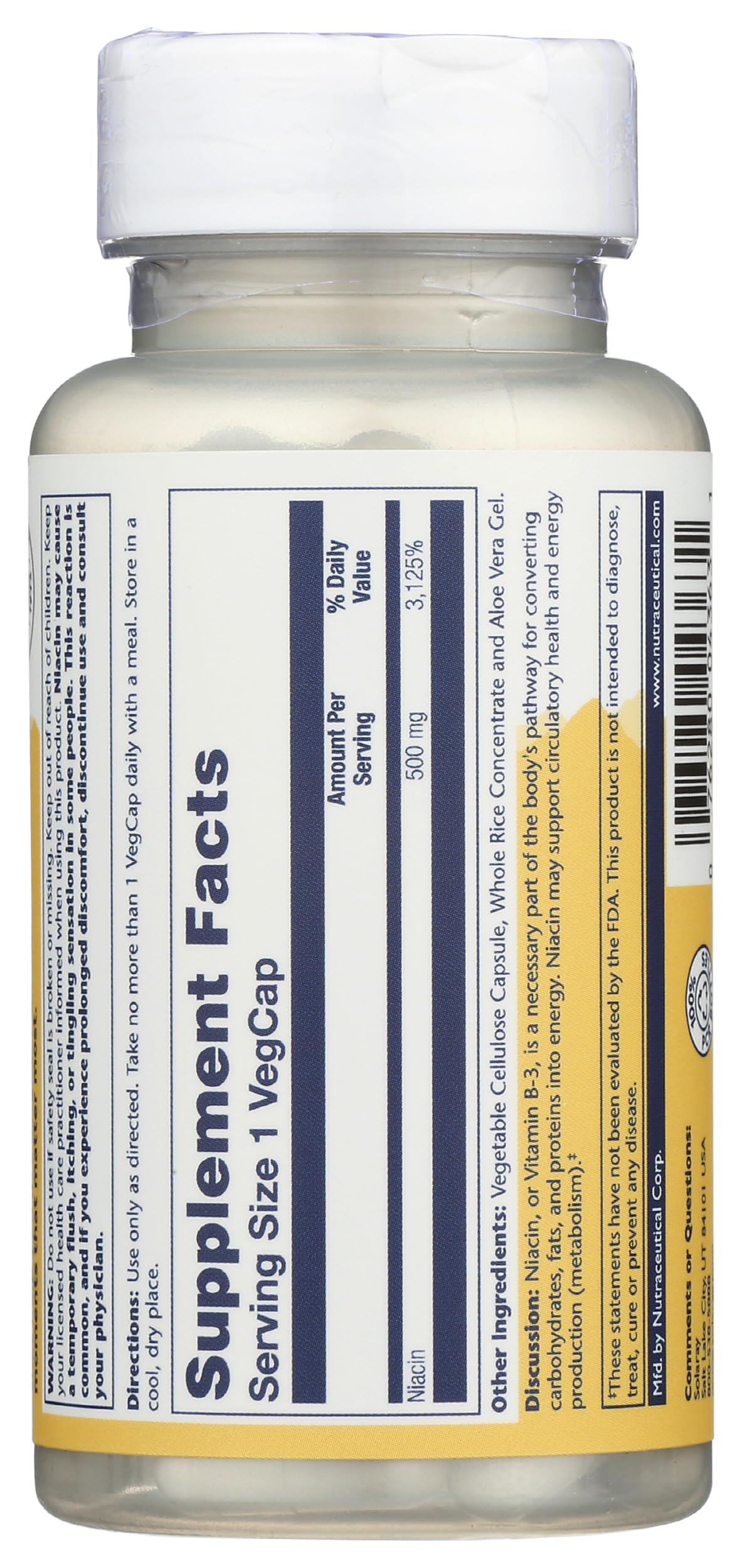 SOLARAY Niacin 500 mg Capsule, Vitamin B3, Skin Health, Nervous System & Circulation Support, 100 Count
