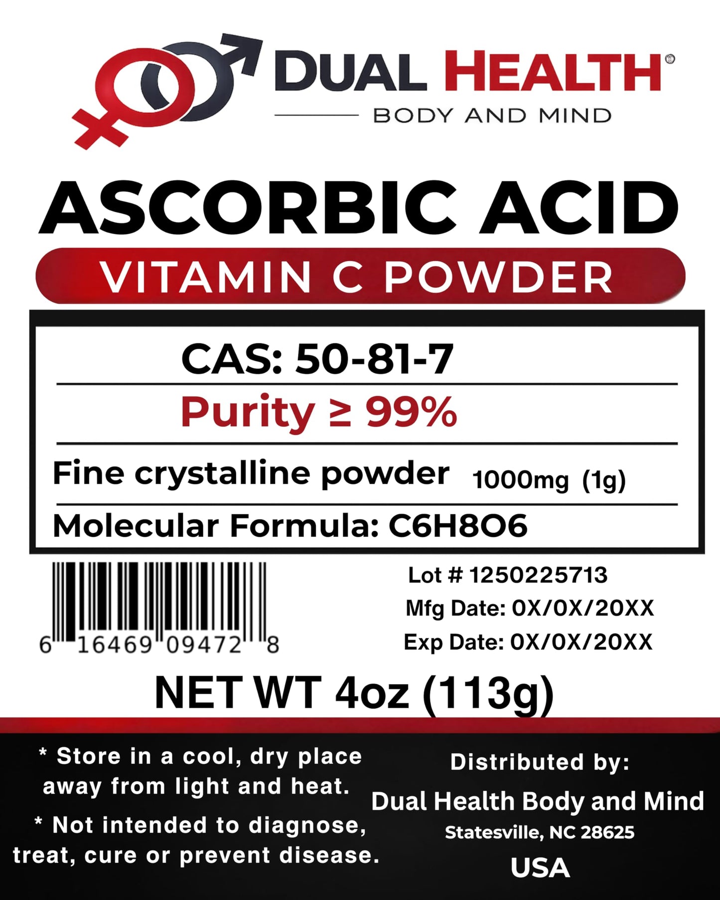 Dual Health Body & Mind Ascorbic Acid Vitamin C Powder, 4 oz
