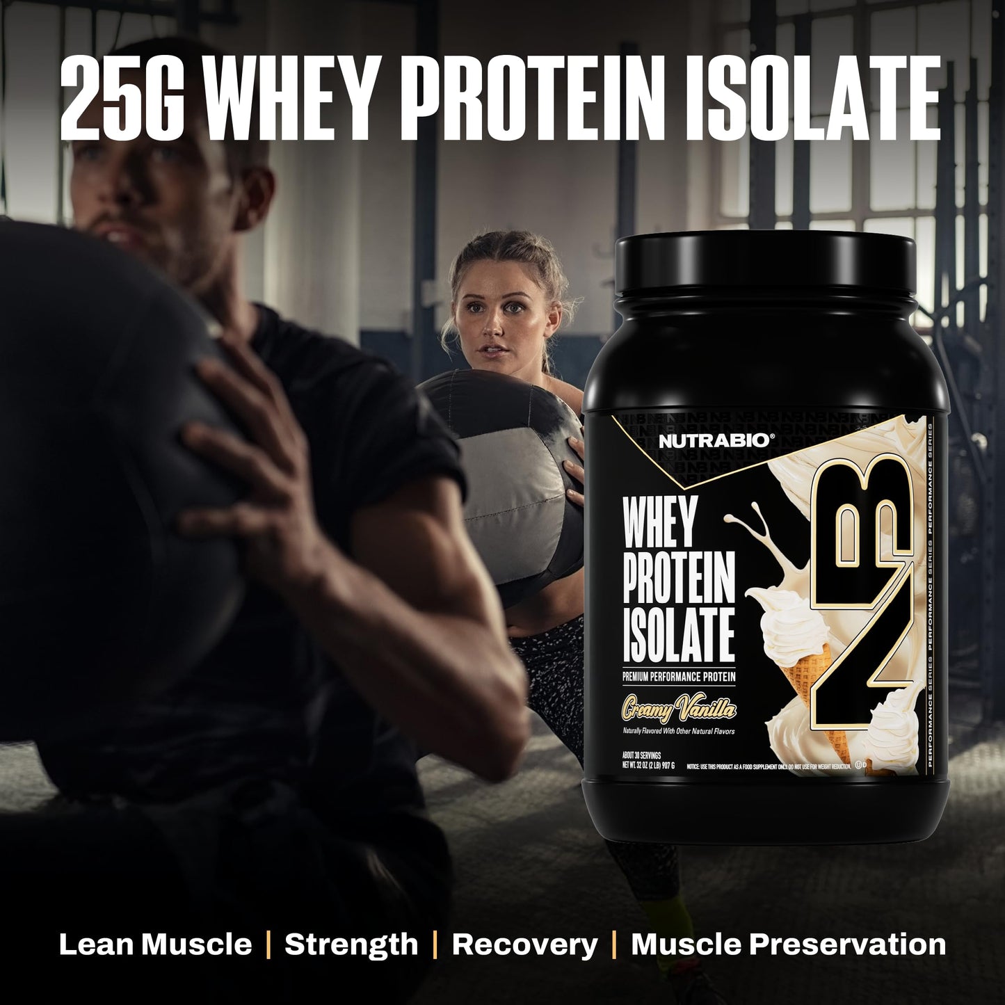 NutraBio 100% Whey Protein Isolate Protein Powder, Creamy Vanilla, 32 Servings, 2 Lbs