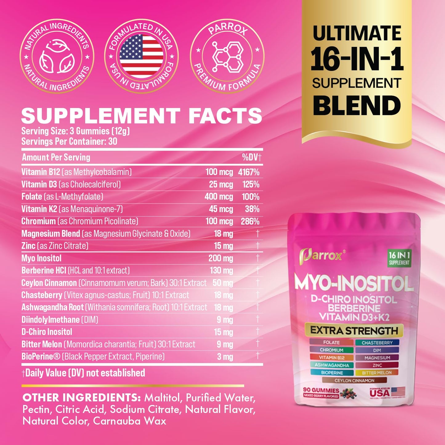 Parrox Myo-Inositol & D-Chiro Inositol Gummies with Berberine, Mixed Berry, 90 Count