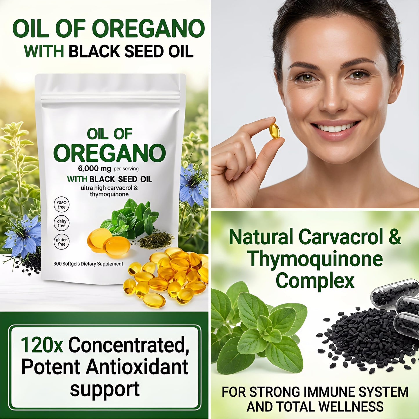 WOXMA Oil of Oregano Softgels 6000mg with Carvacrol & Black Seed Oil, 300 Softgels