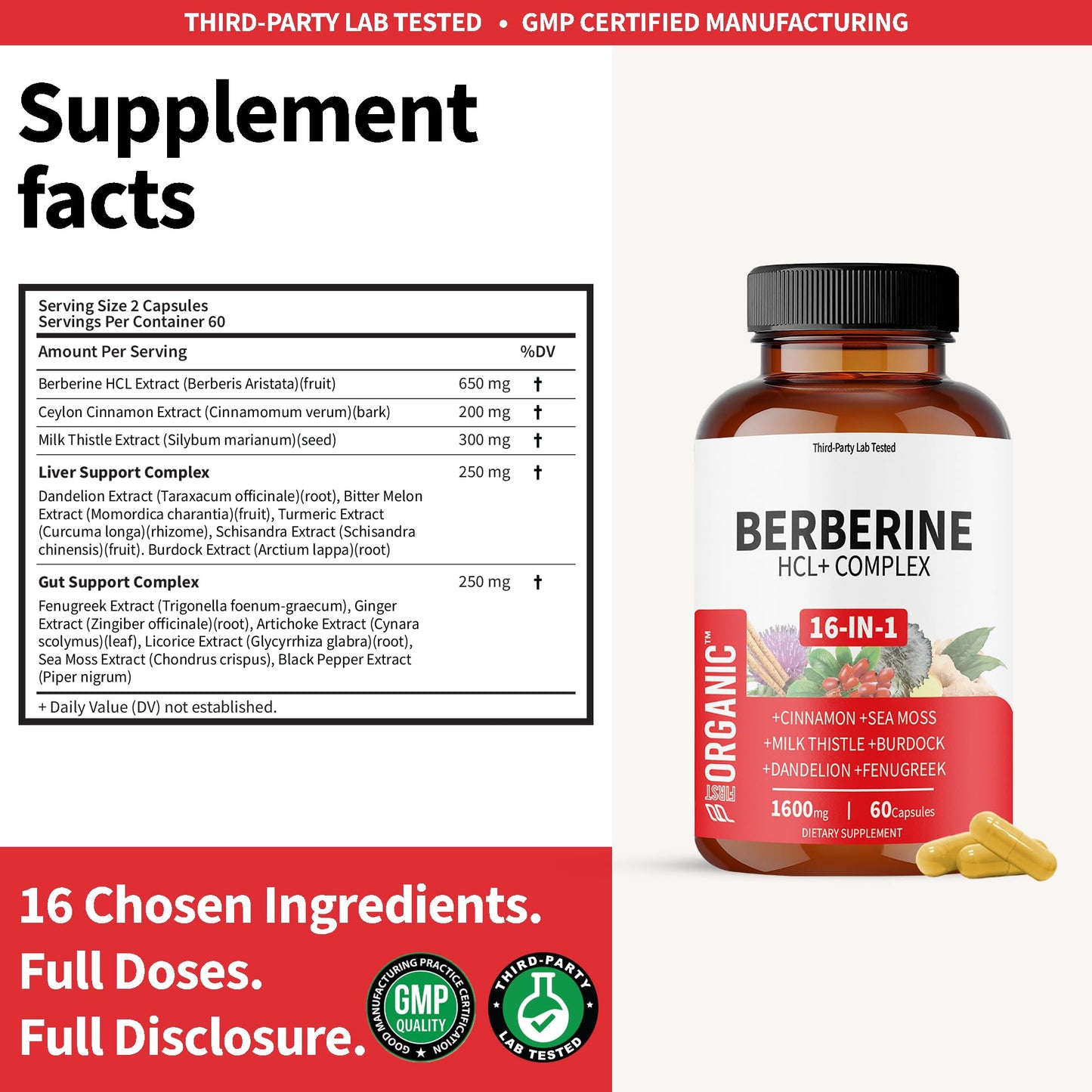 FIRSTORGANIC Premium Berberine Complex Capsule, 60 Capsules