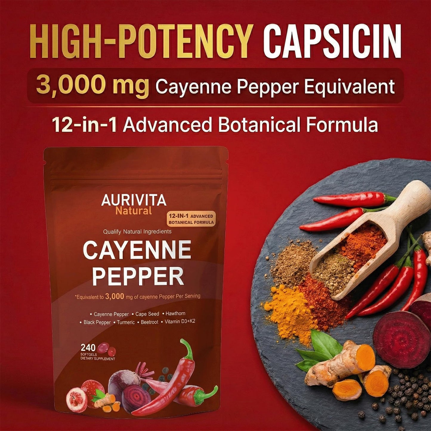 Aurivita Natural Capsaicin Softgels Cayenne Pepper, 240 Capsules