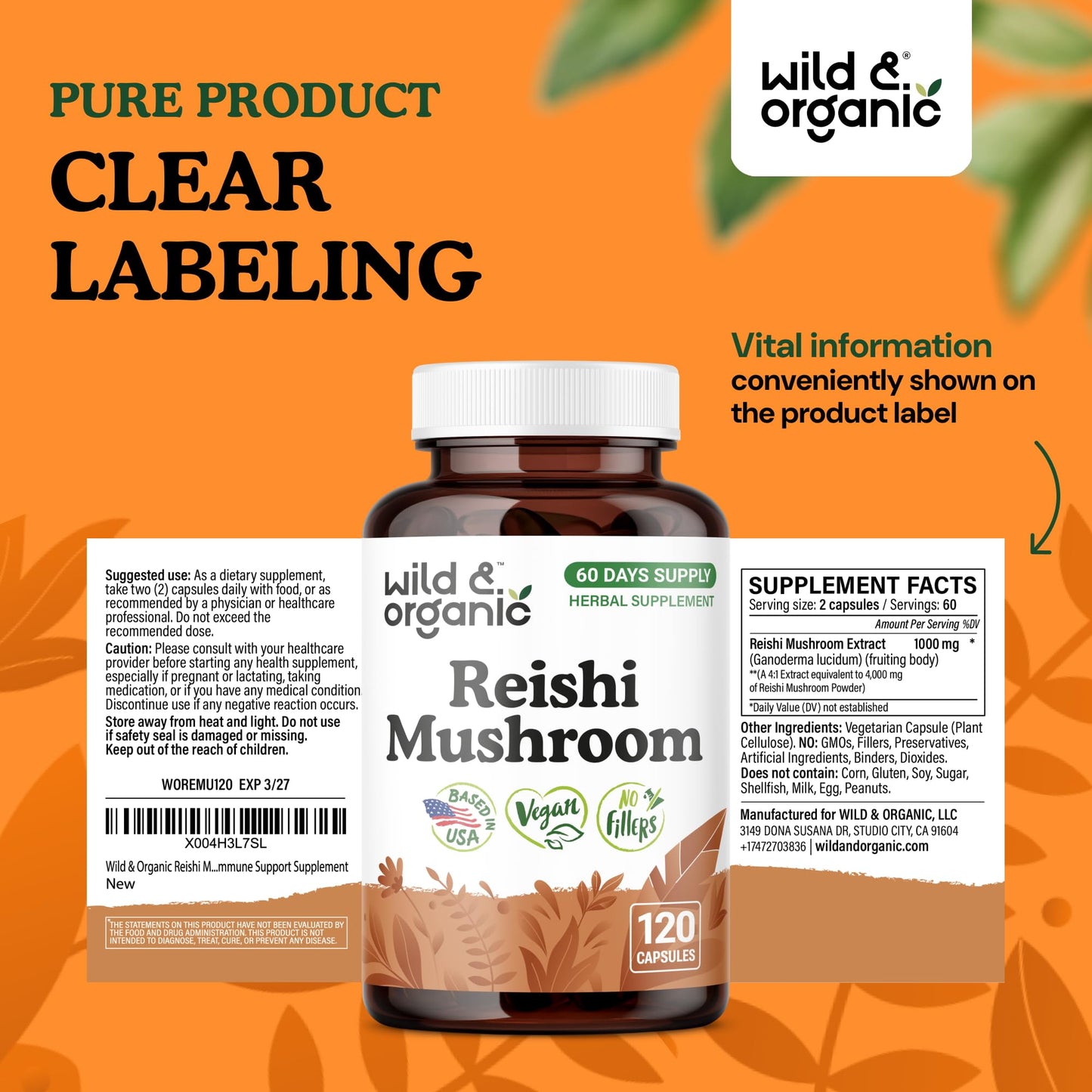 Wild & Organic Reishi Mushroom 1000 mg Capsules, 120 Count