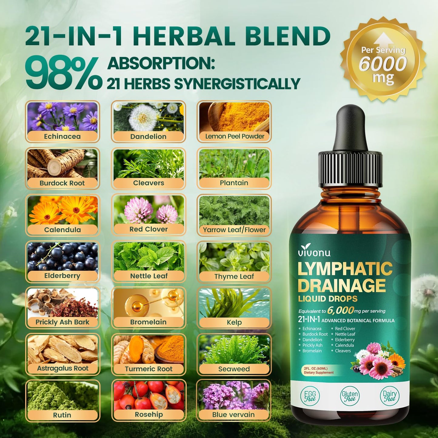 VivoNu 21-in-1 Liposomal Lymphatic Drainage Drops – Advanced Herbal Detox & Immune Booster with Echinacea, Burdock Root, Elderberry & Seaweed Extract – 6000mg High Potency Softgel 1 Count