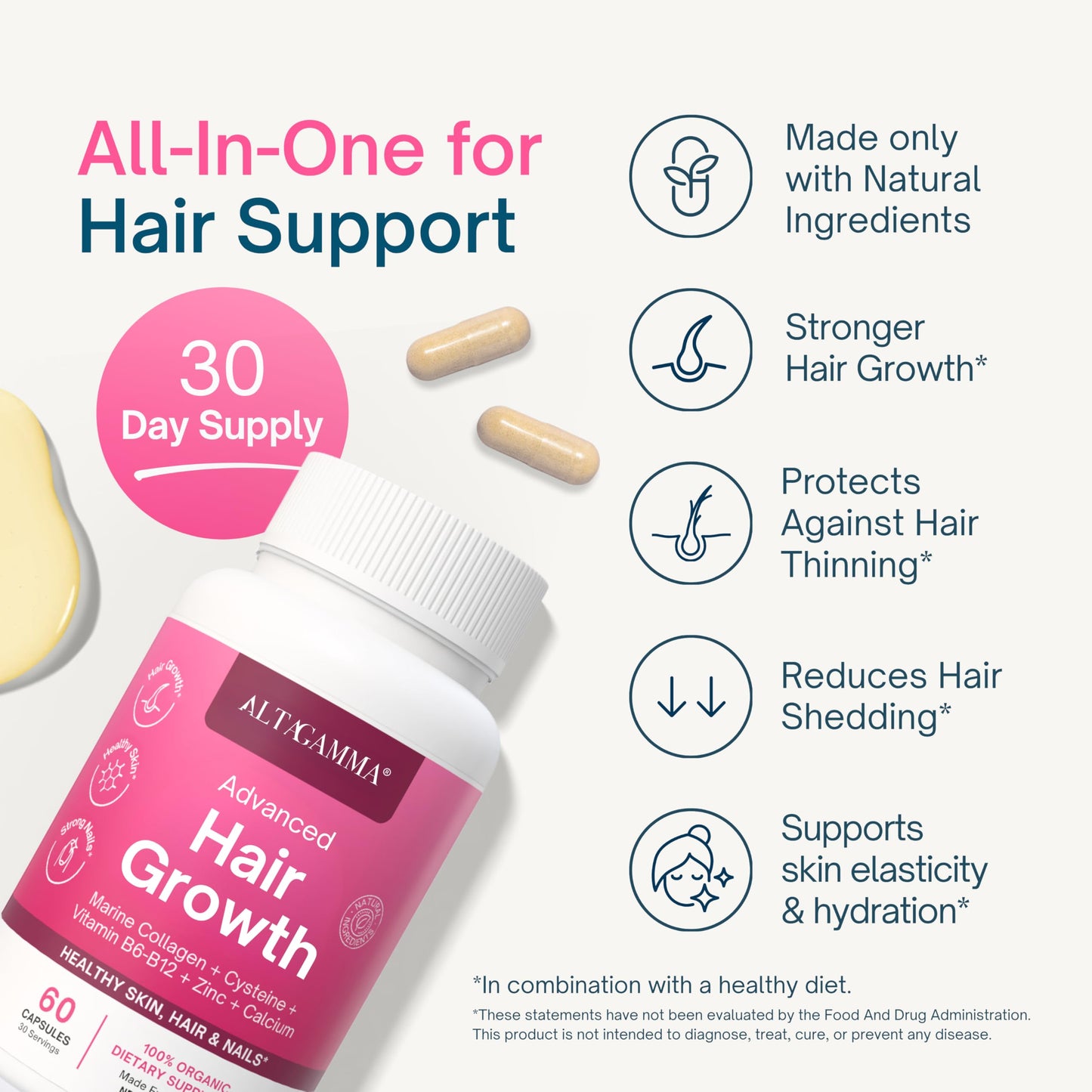 ALTAGAMMA Hair Growth Supplements with Marine Collagen Peptides, 60 Capsules