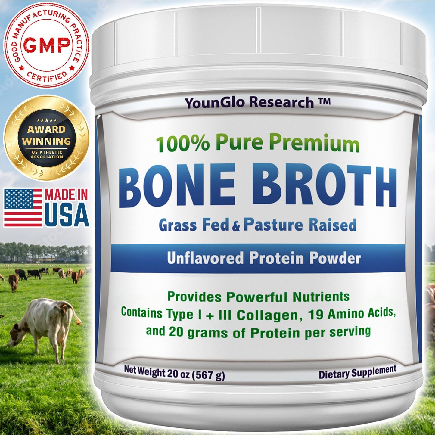 YounGlo Research Bone Broth Beef Protein Powder, 20 oz