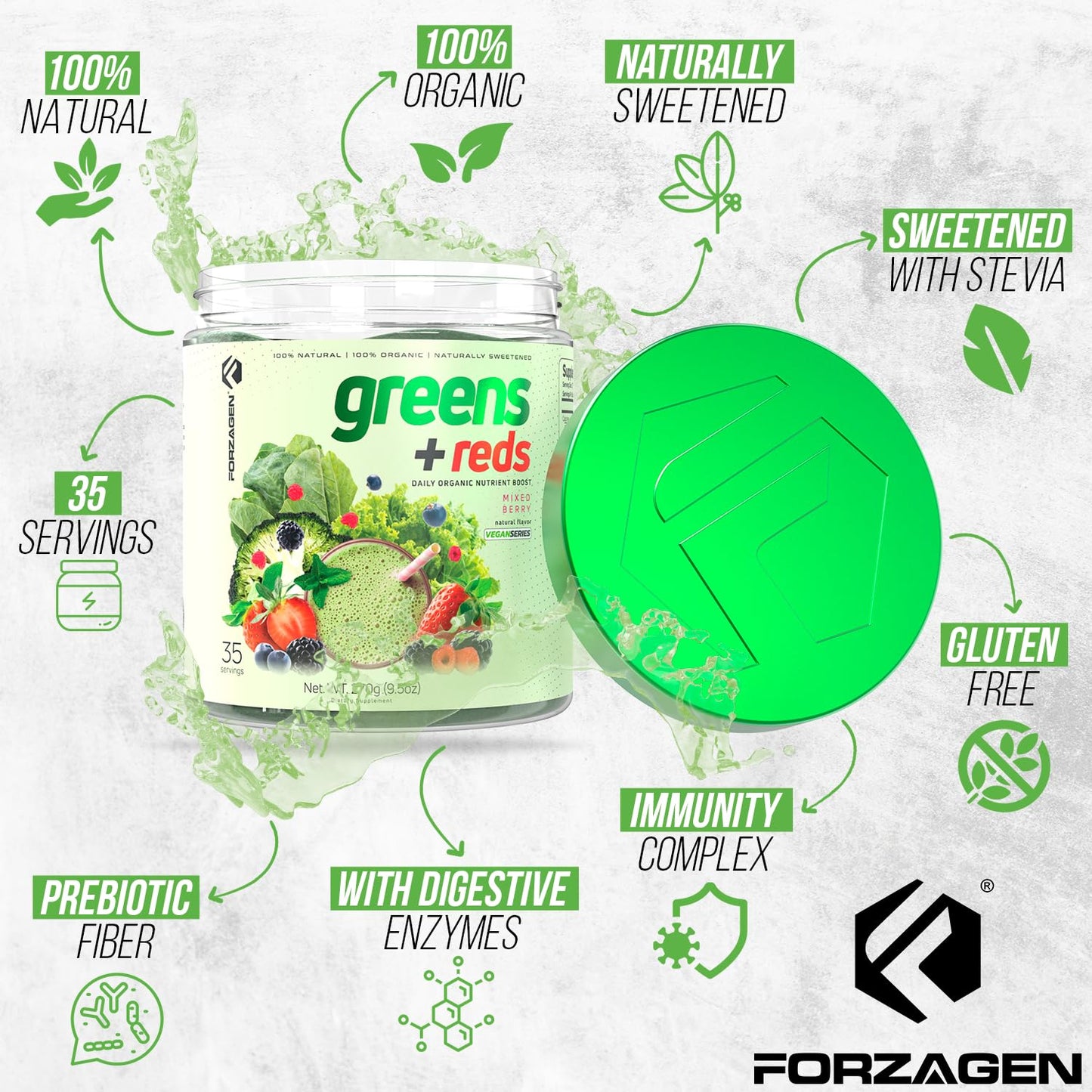 Forzagen Organic Vegan Greens & Reds Superfood Powder, 9.52 oz