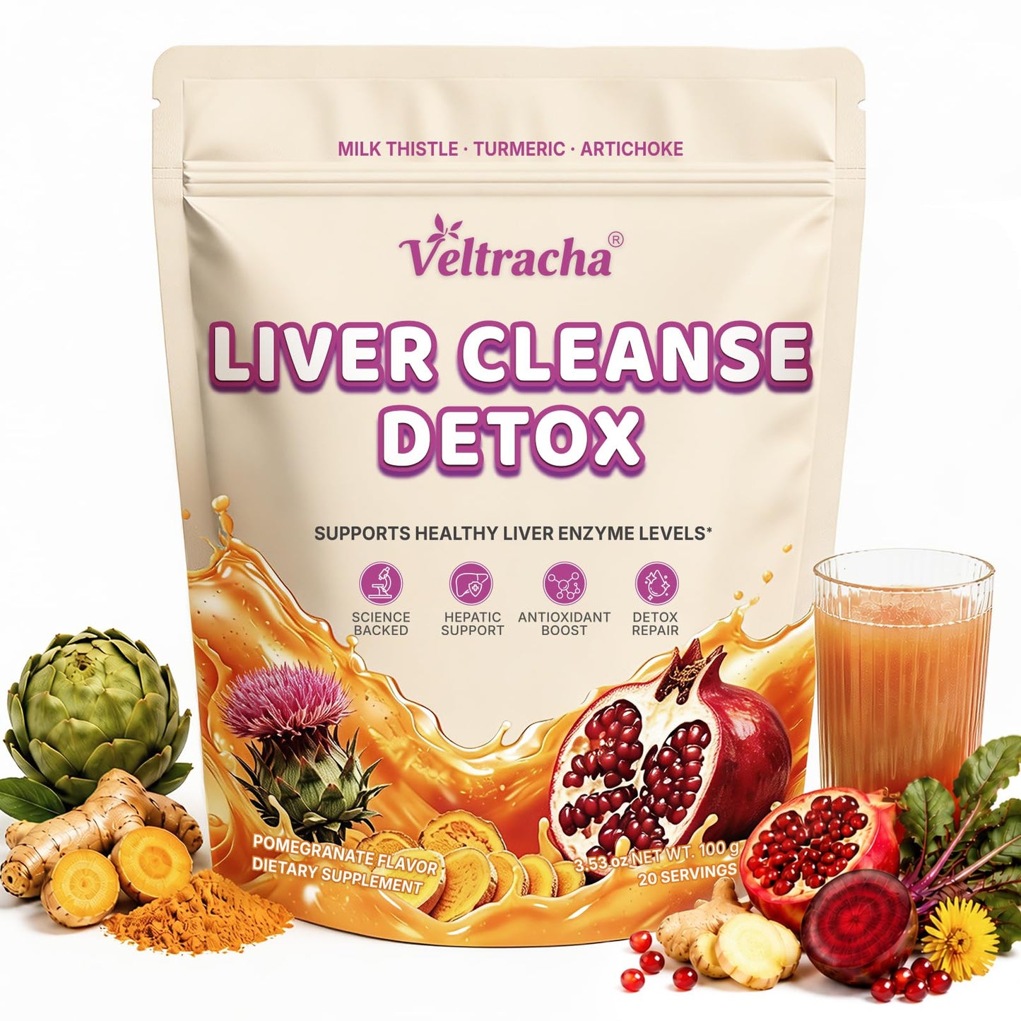 Veltracha Liver Cleanse Detox Powder, Pomegranate Flavor, 3.5 Ounces