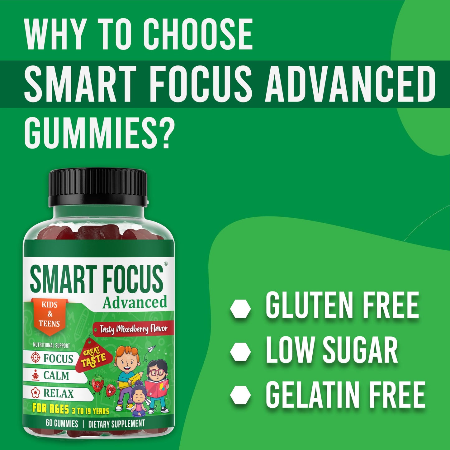 Smart Focus Calm and Focus Supplements for Kids & Teens Magnesium Calm Gummies for Mood & Relaxed Sleep, Natural Mixed Berry Flavor, 60 Gummies