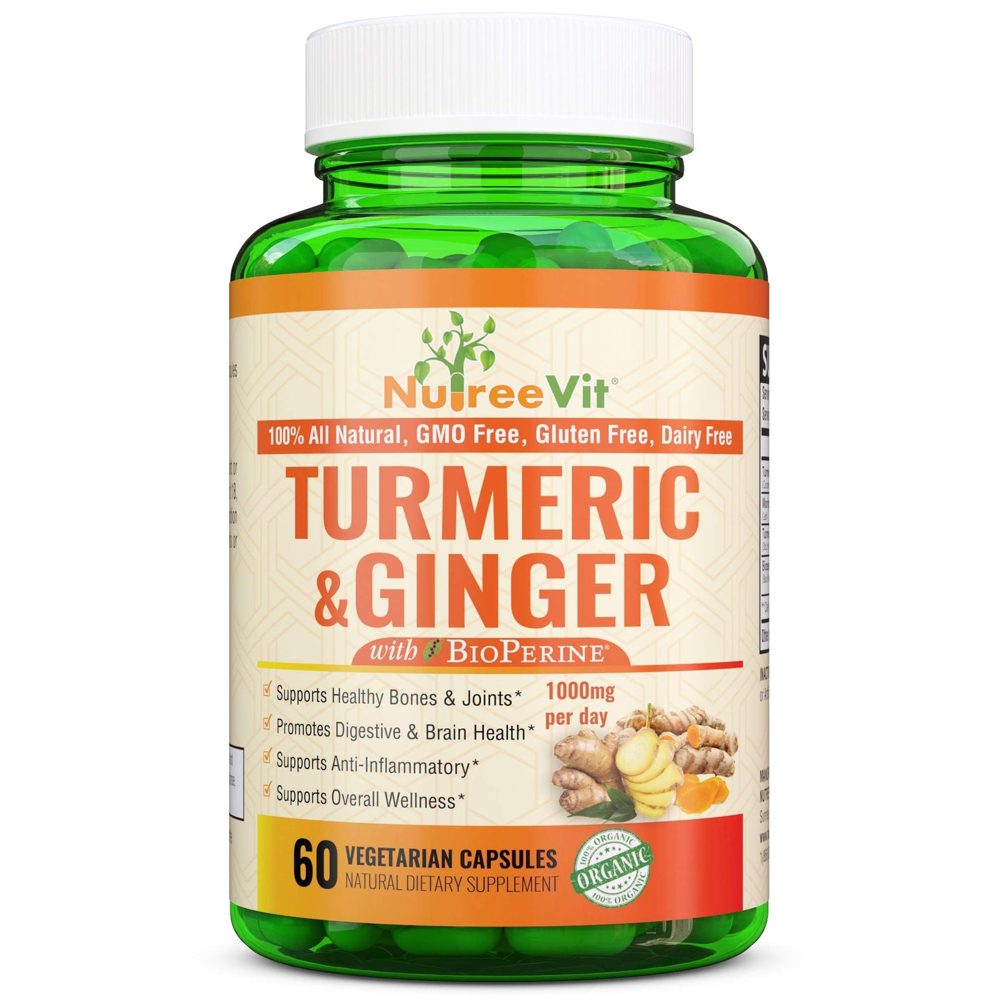 NutreeVit 100% Organic Turmeric Curcumin with BioPerine & Ginger 95% Curcuminoids 1950mg Capsule, 240 Count