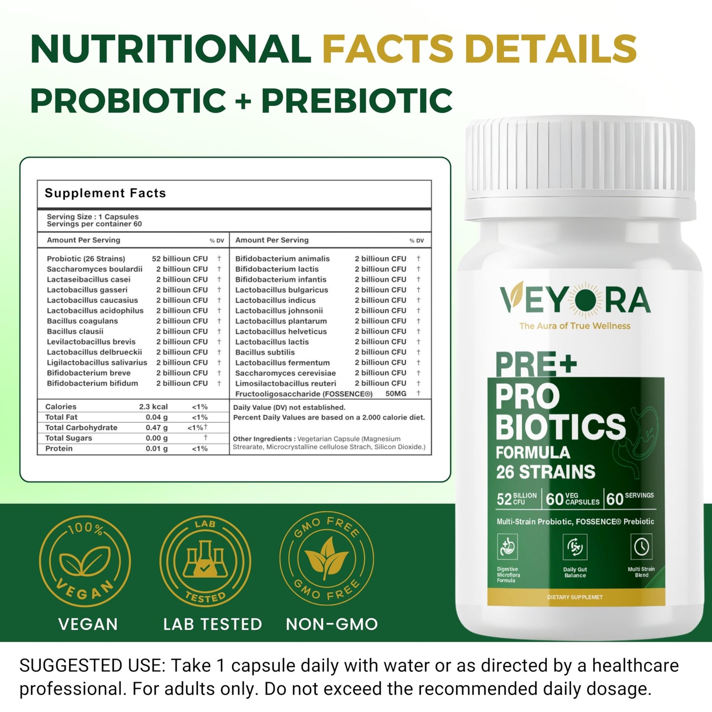 VEYORA Pre + Probiotic Capsules, 60 Count