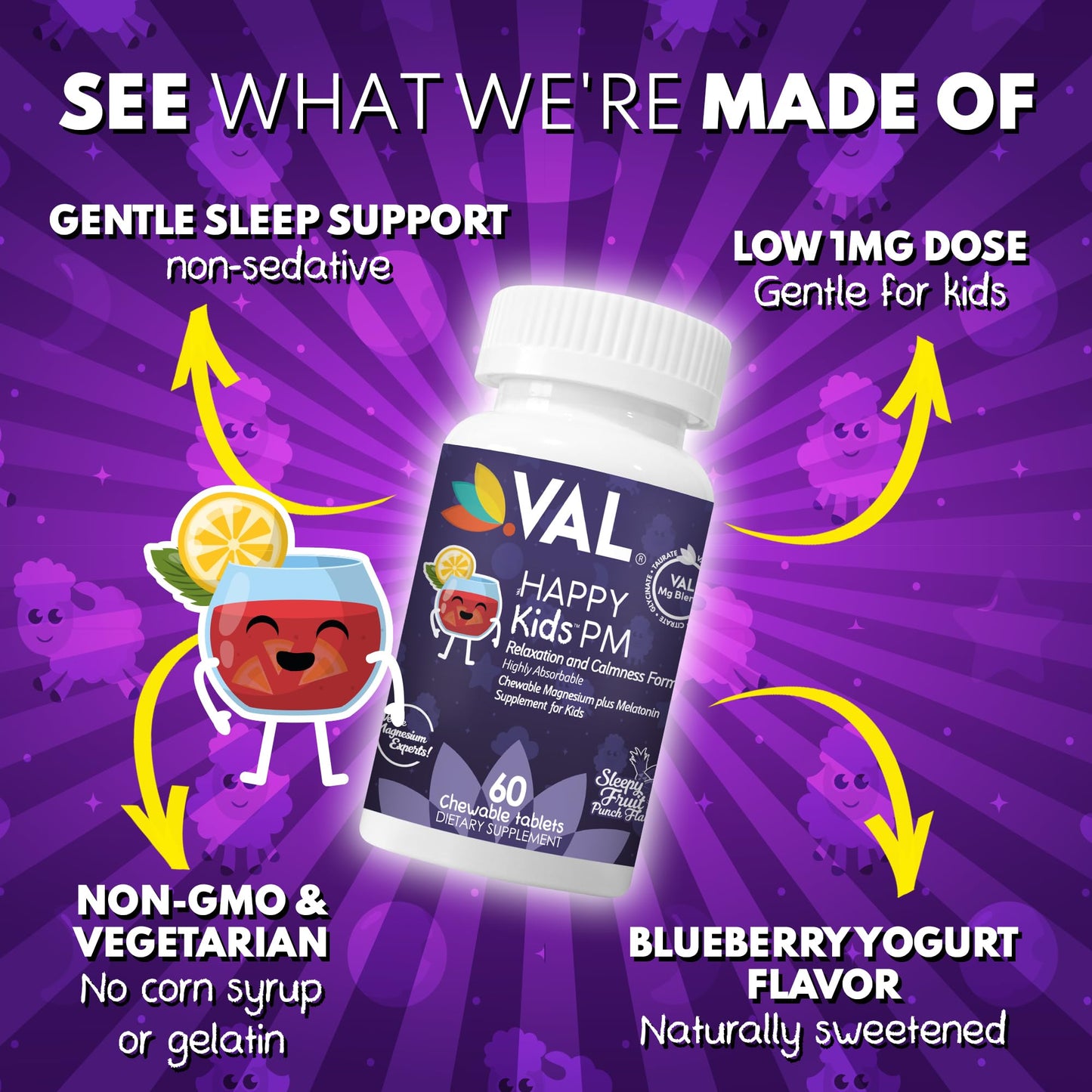 VAL Happy Kids PM Sugar-Free Chewable Magnesium with Melatonin Tablet, 60 Tablets