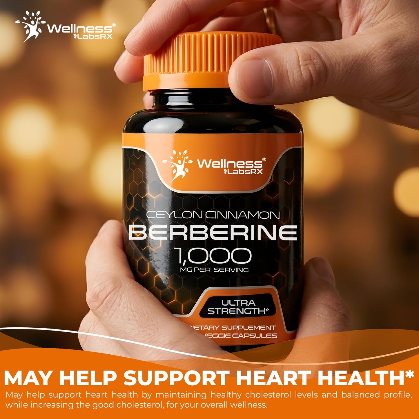 WELLNESS LABSRX Berberine 1,000mg - Third-Party Tested Berberine Supplement HCL with Ceylon Cinnamon, Black Pepper Extract and Apple Cider Vinegar, Heart Support 240 Capsules