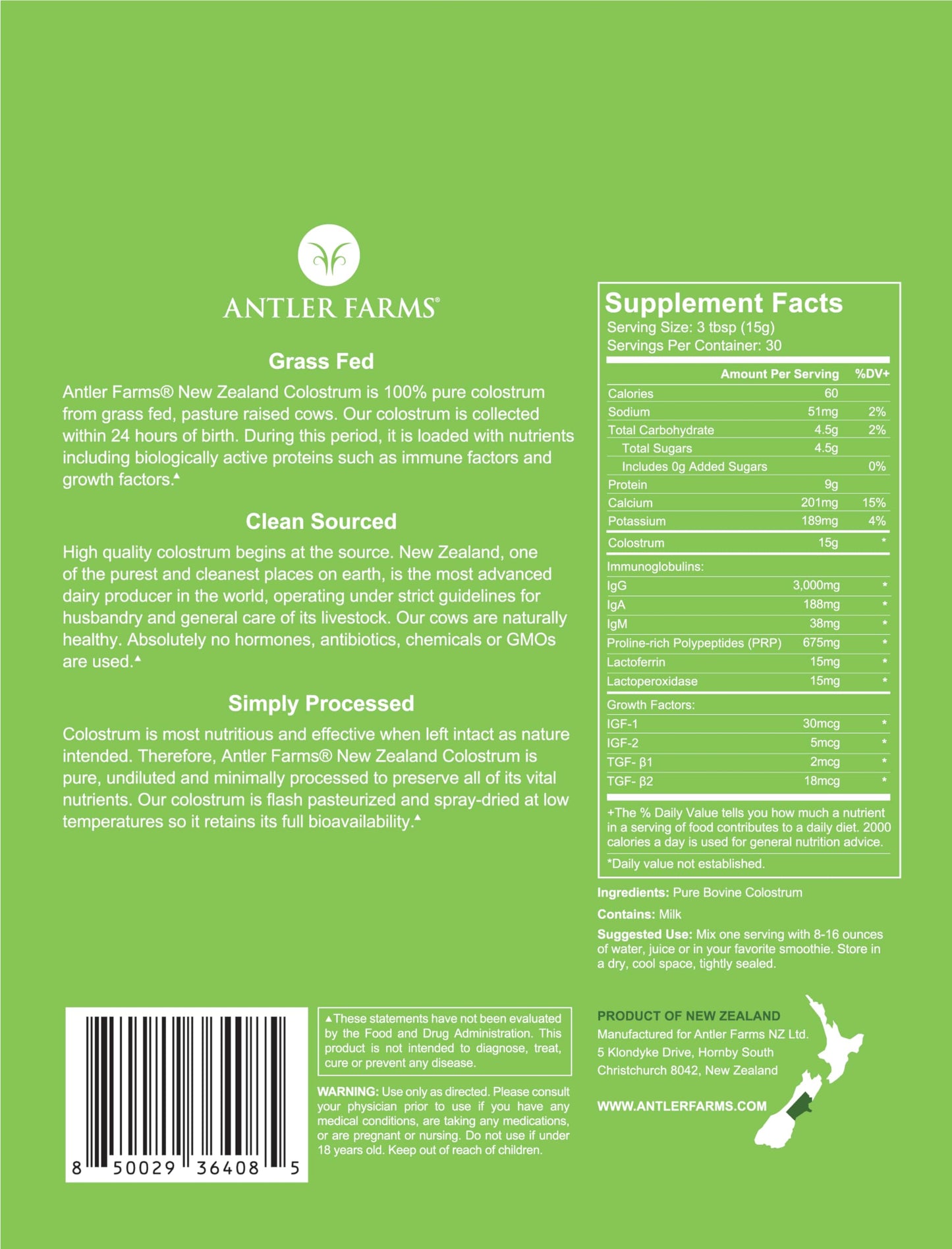Antler Farms 100% Pure New Zealand Colostrum Powder, 16 oz