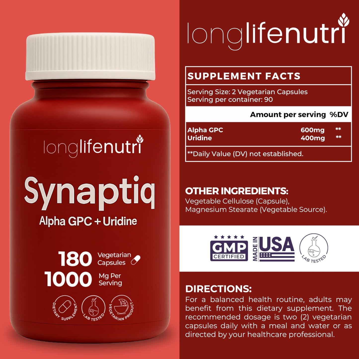 LongLifeNutri Synaptiq 1000mg (Alpha GPC + Uridine Monophosphate 600mg/400mg) Nootropic Choline Supplement, 180 Vegetarian Capsules