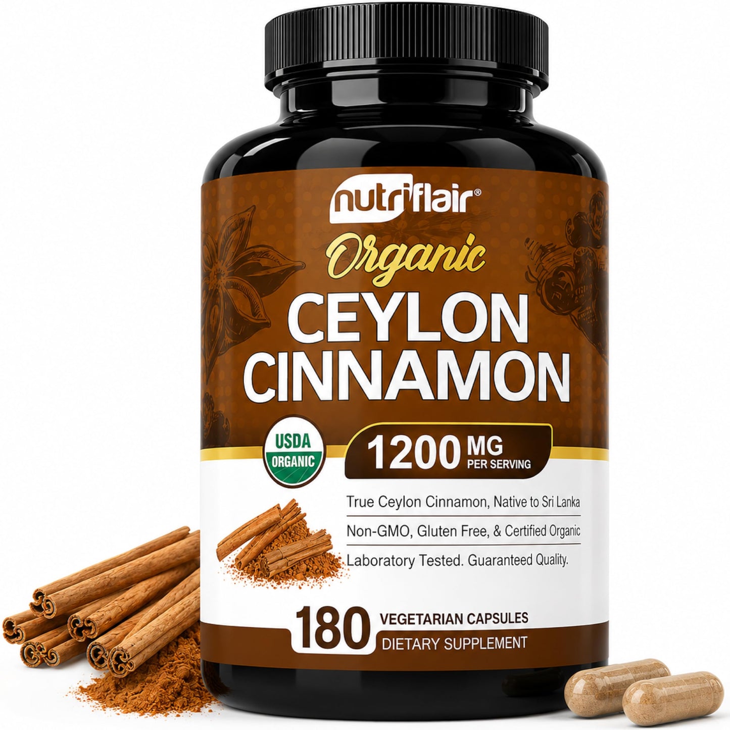 NutriFlair Organic Ceylon Cinnamon 1200mg per Serving Capsule, 180 Count