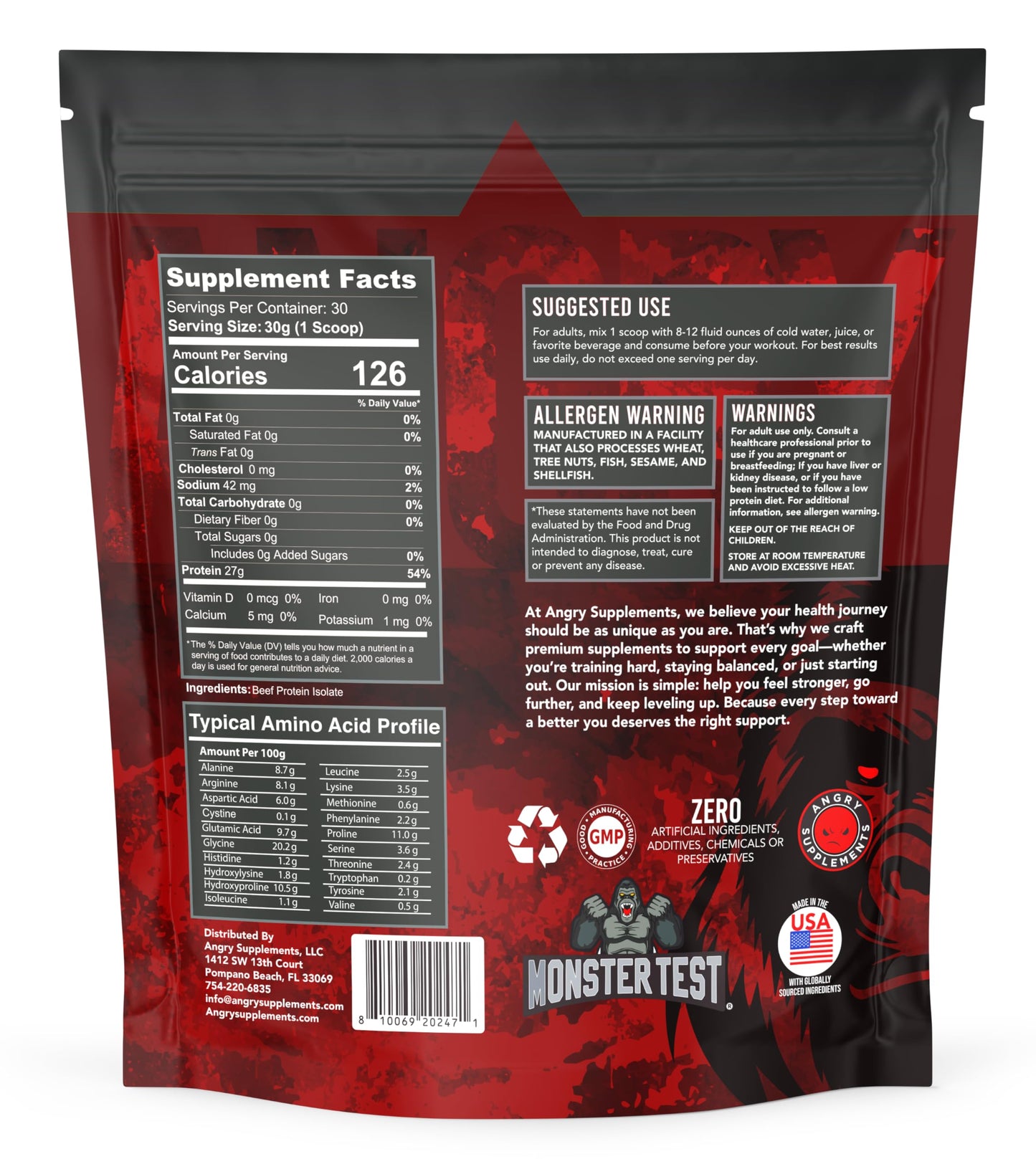 Angry Supplements Beef Protein Isolate Powder, 30 Servings