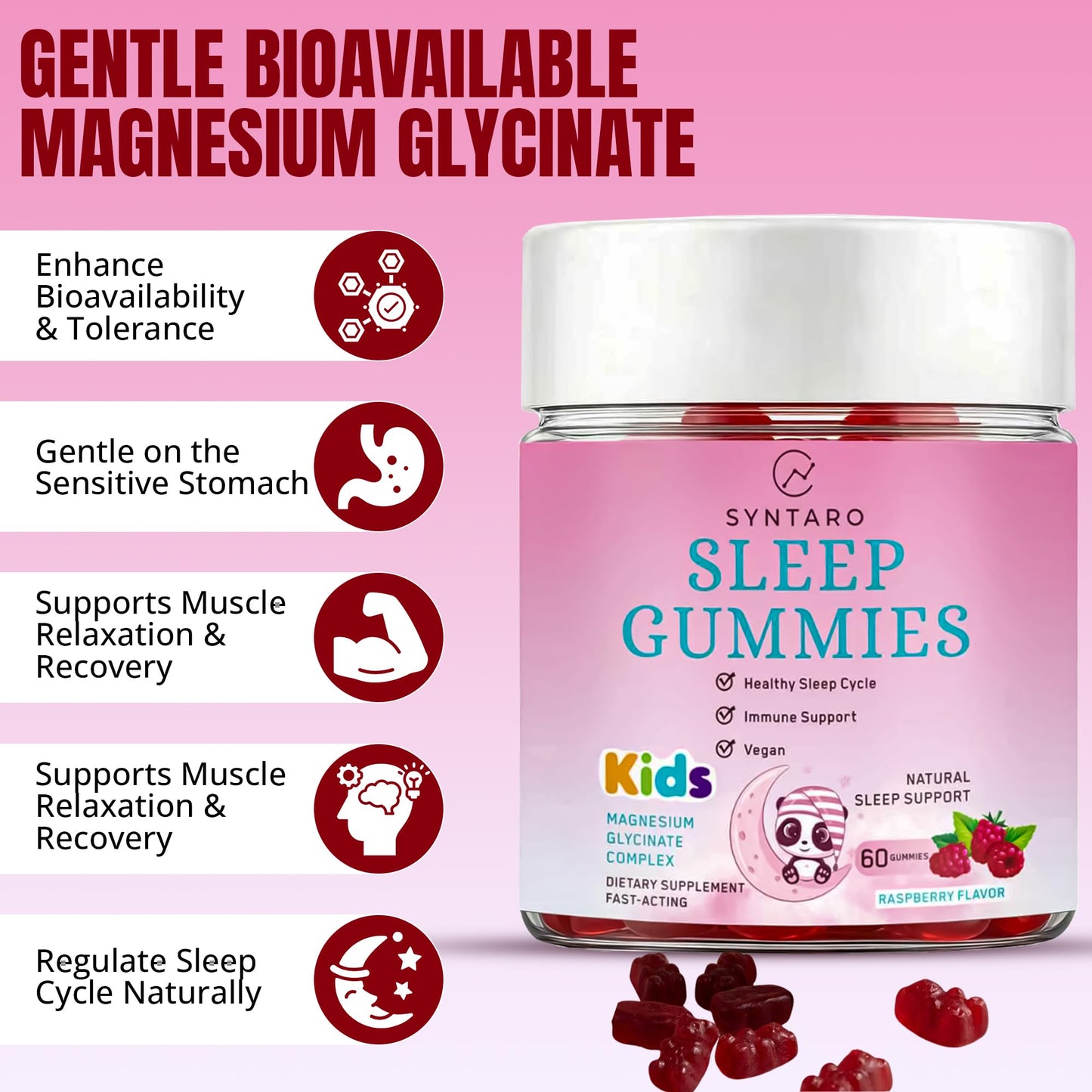 SYNTARO Sleep Gummies for Adults & Kids – Magnesium Glycinate Complex, Raspberry Flavor, Sleep Support & Immune Support, 60 Gummies