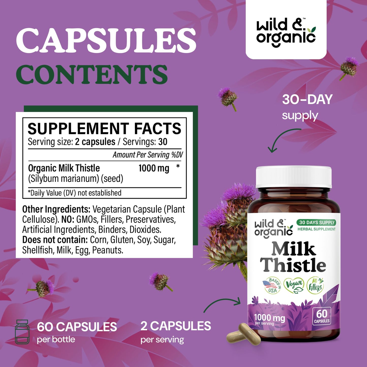 Wild & Organic Milk Thistle Capsules 1000mg, 60 Capsules