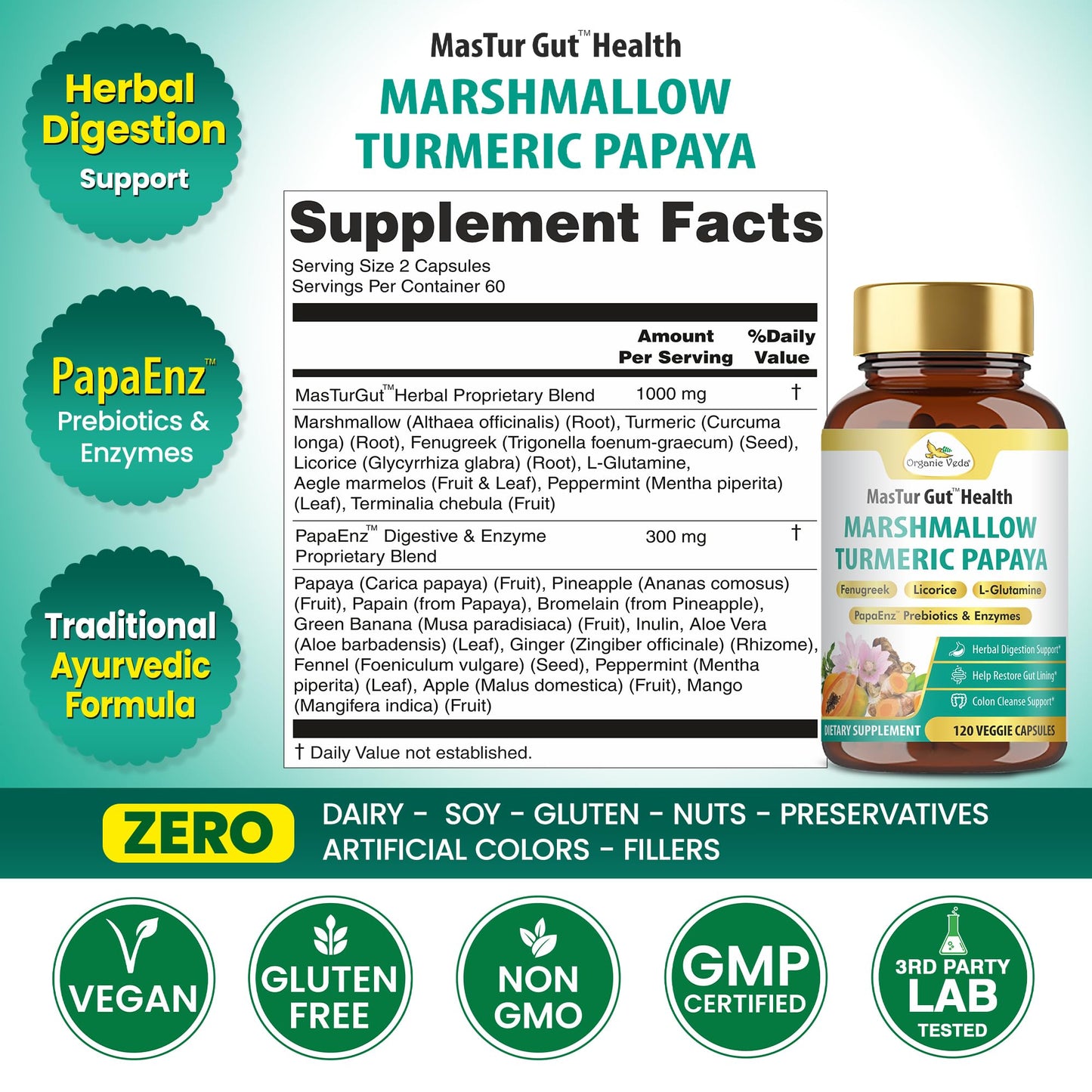 Organic Veda Marshmallow Turmeric MasTur Gut Health Supplement 120 Capsules