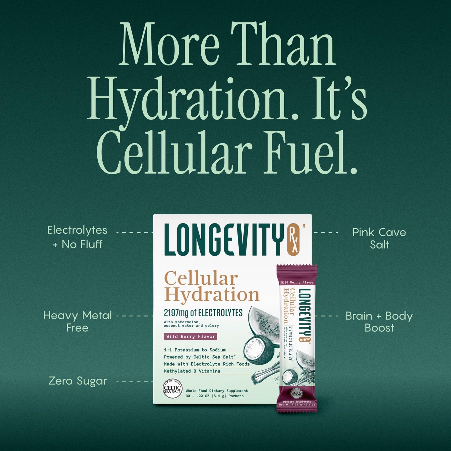 Longevity Rx Cellular Hydration Electrolyte Powder, 6.6 oz, Pink Celtic Cave Salt from Spain, 410 mg Choline, 1:1 Sodium-Potassium Ratio, 30 Servings