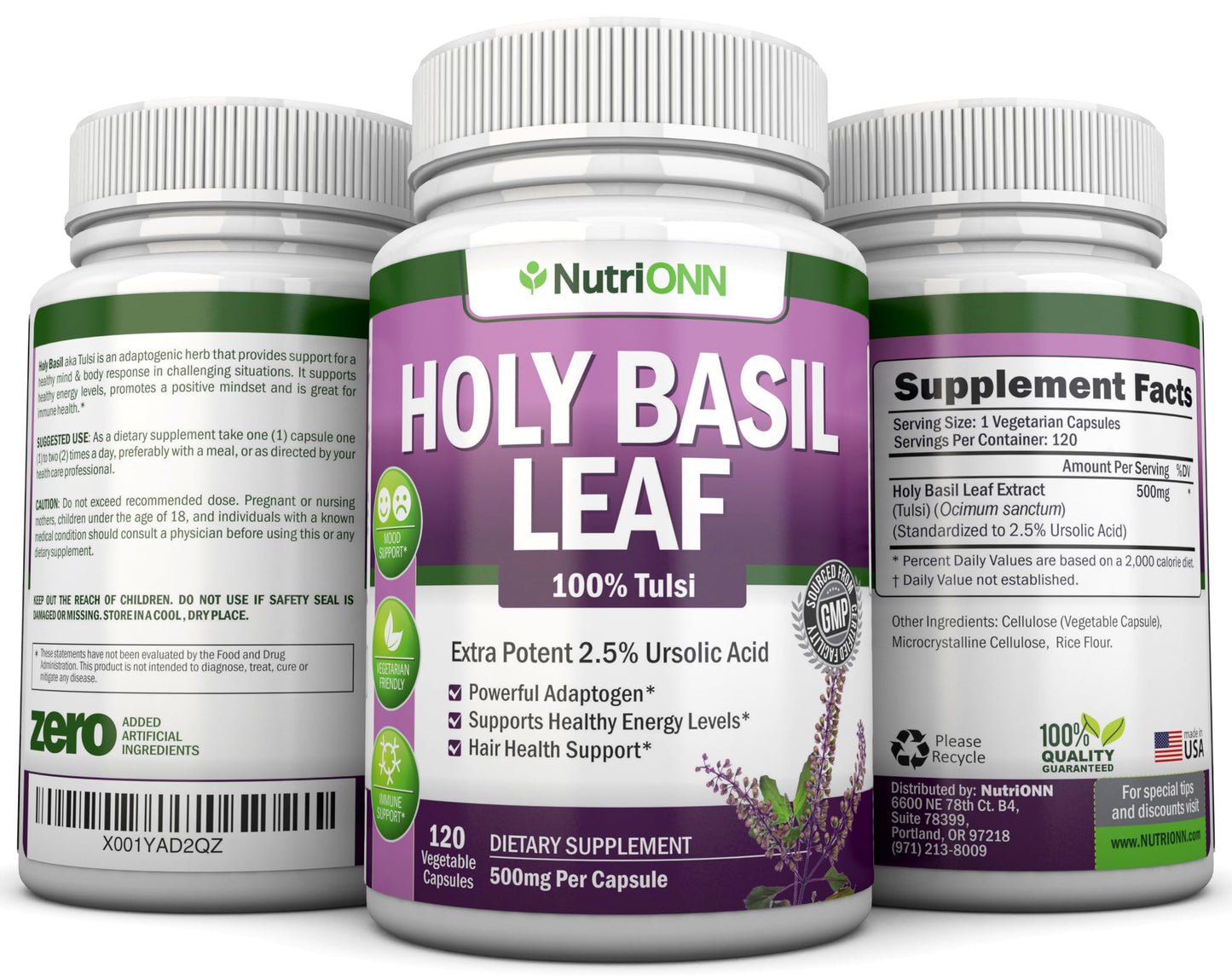 NutriONN Holy Basil Leaf 500mg Capsules 120 Count