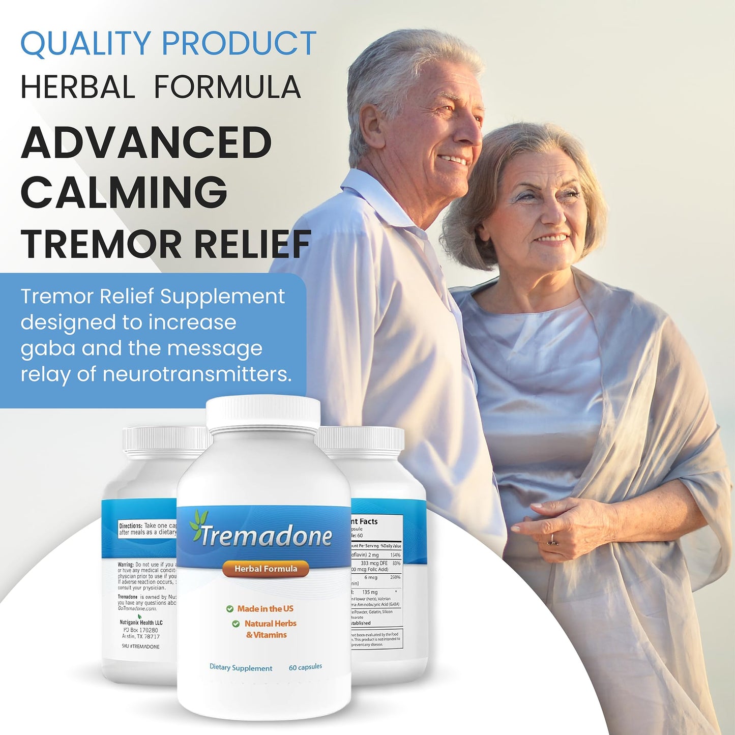 Tremadone Essential Tremor Relief Supplement for Hand, Arm, Head, Leg, Feet and Body Tremors and Shaking Capsules, 60 Count