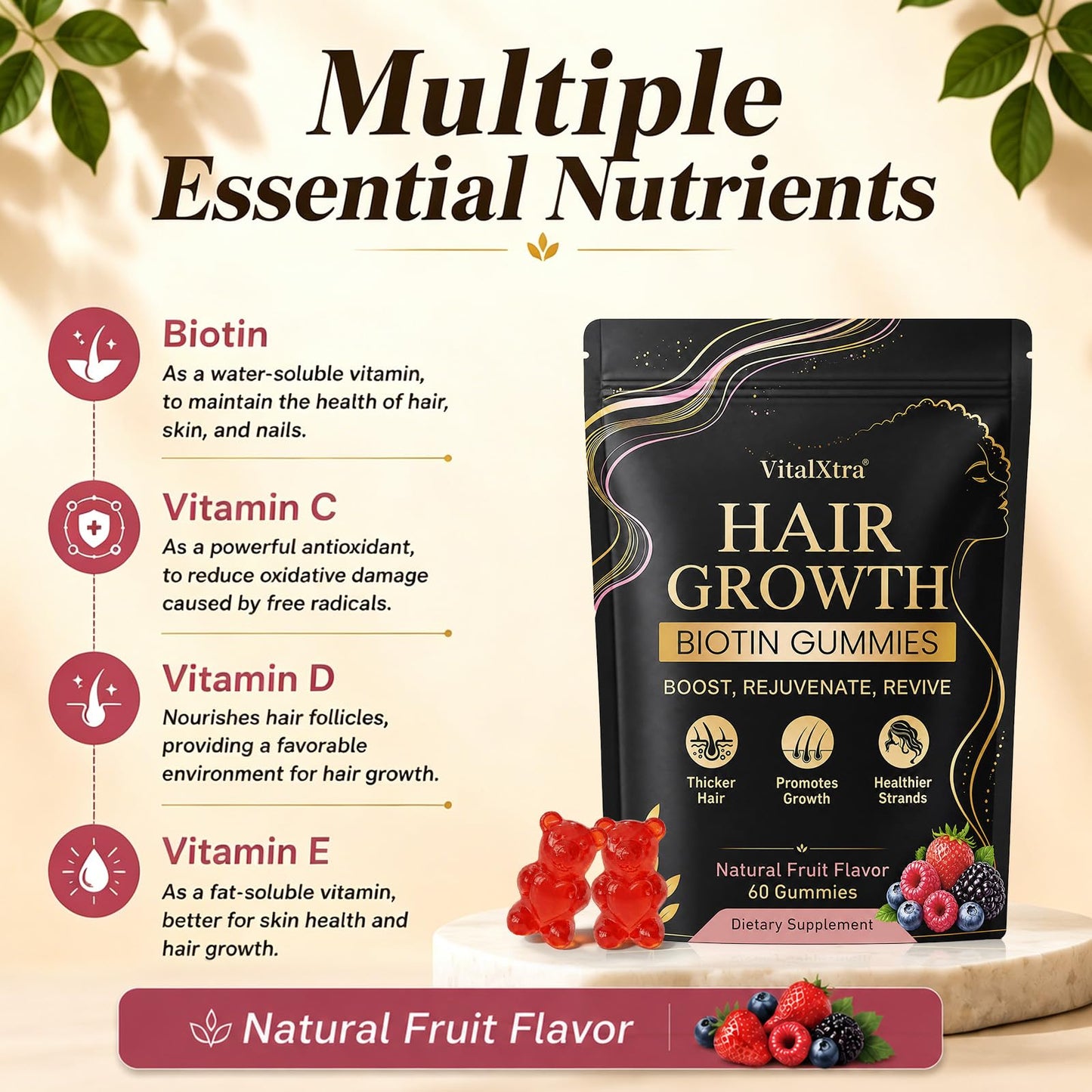 VitalXtra Hair Growth Gummies with Biotin 5000 mcg, 60 Gummies