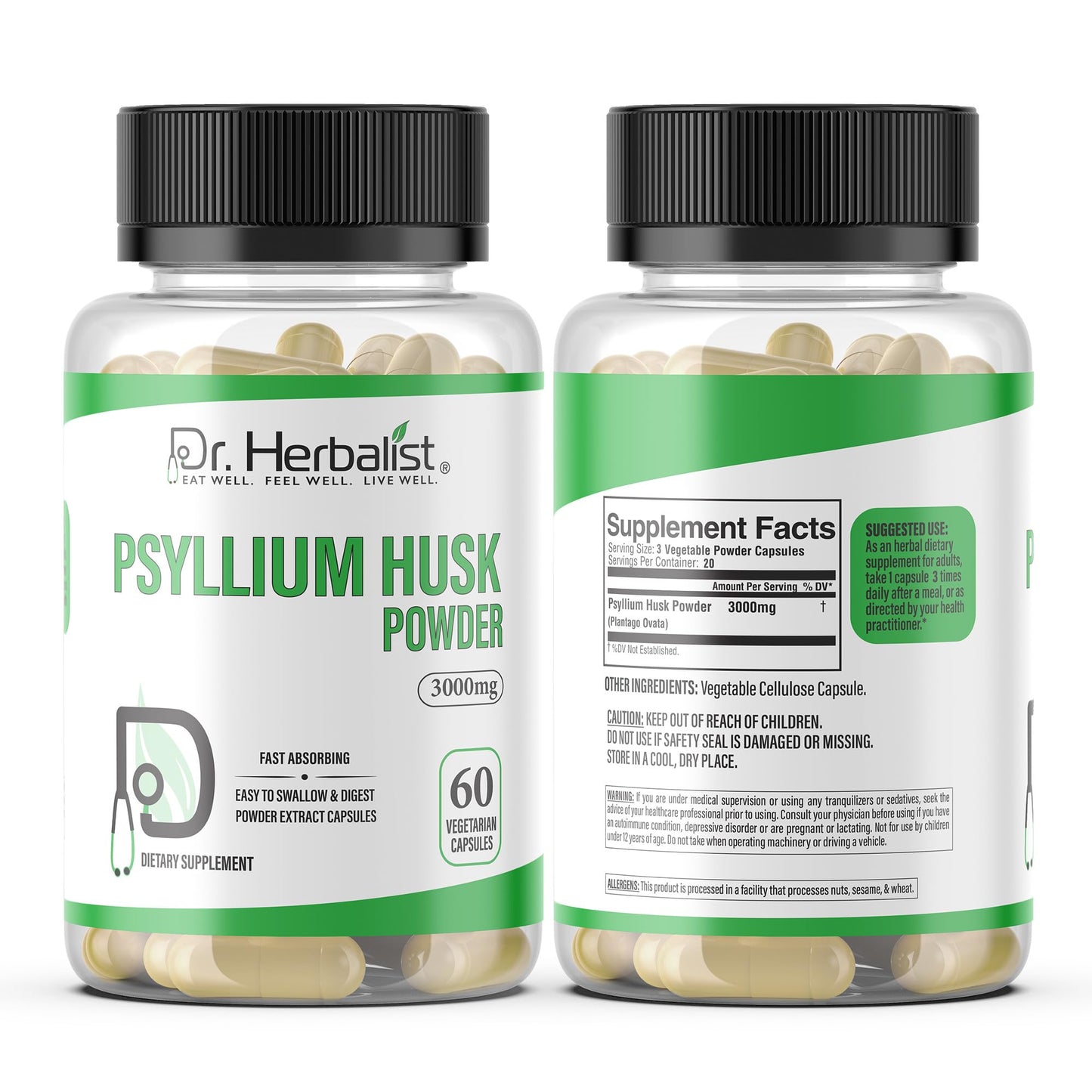 Dr. HERBALIST Psyllium Husk Powder Capsules 3000mg Soluble Fiber Supplement Plantago Ovata 60 Count