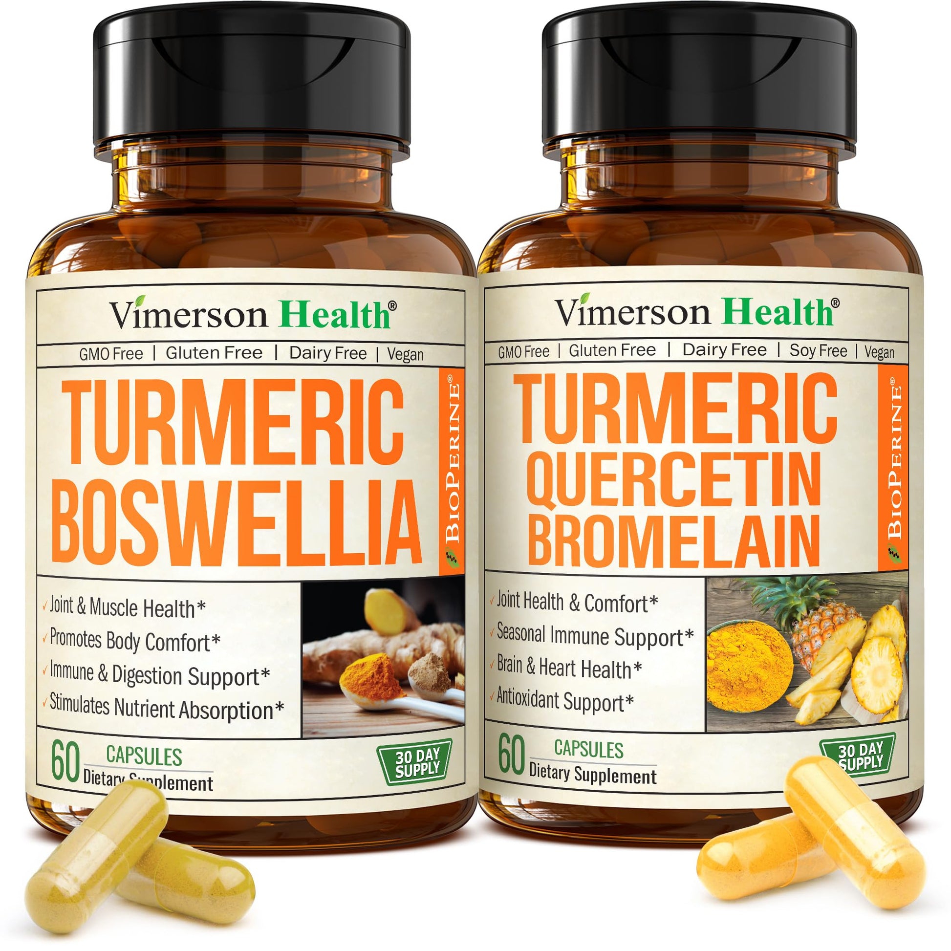 Vimerson Health Boswellia Turmeric Curcumin Supplement + Quercetin with Bromelain Bundle – Allergy Relief, Joint Health & Immune Support – with Ginger Root, Organic Turmeric Powder, Black Pepper (Bioperine) Capsules 120 Count