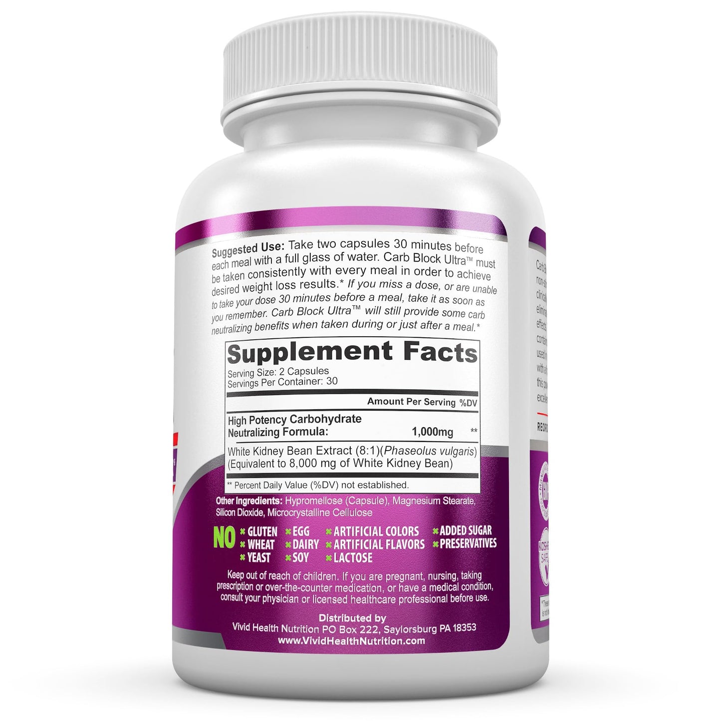 Vivid Health Nutrition Carb Block Ultra White Kidney Bean Carbohydrate Blocker Capsules 60