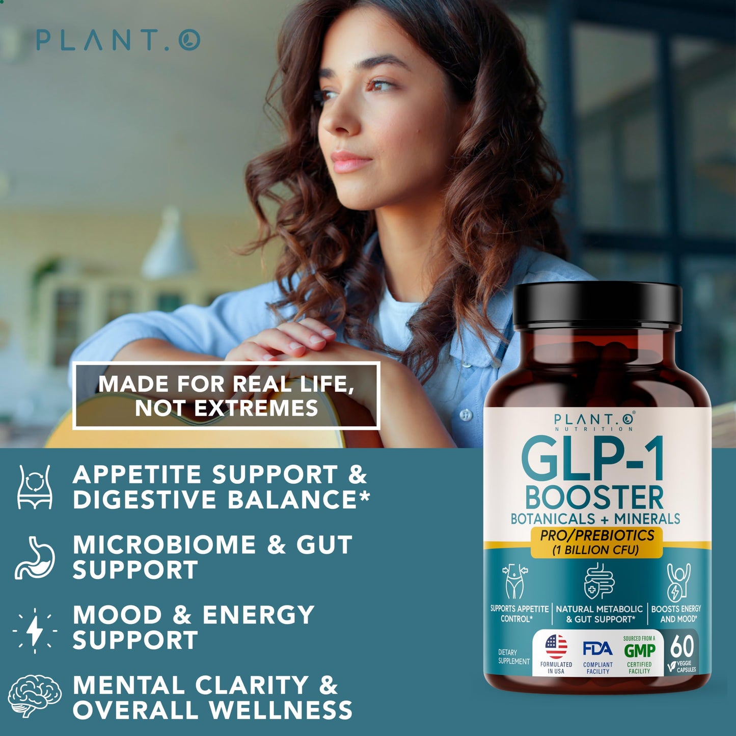 PLANT.O NUTRITION GLP-1 Supplement All in One Appetite Control Metabolic & Gut Support for Men and Women with Pre & Probiotics, Berberine, Cinnamon & Botanicals | 1 Billion CFU, 60 Veggie Capsules