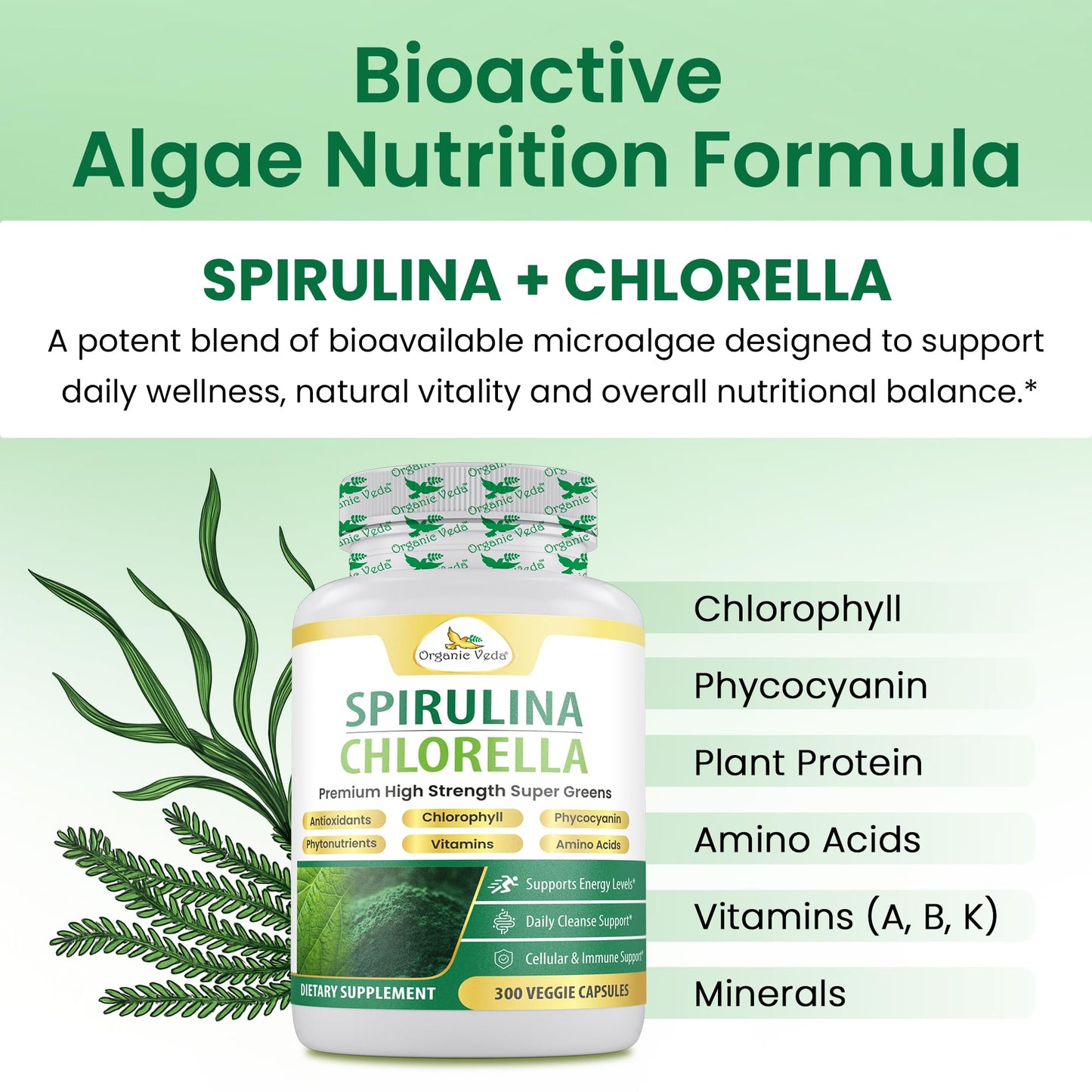 Organic Veda Spirulina Chlorella Capsules, 1500mg, 300 Count