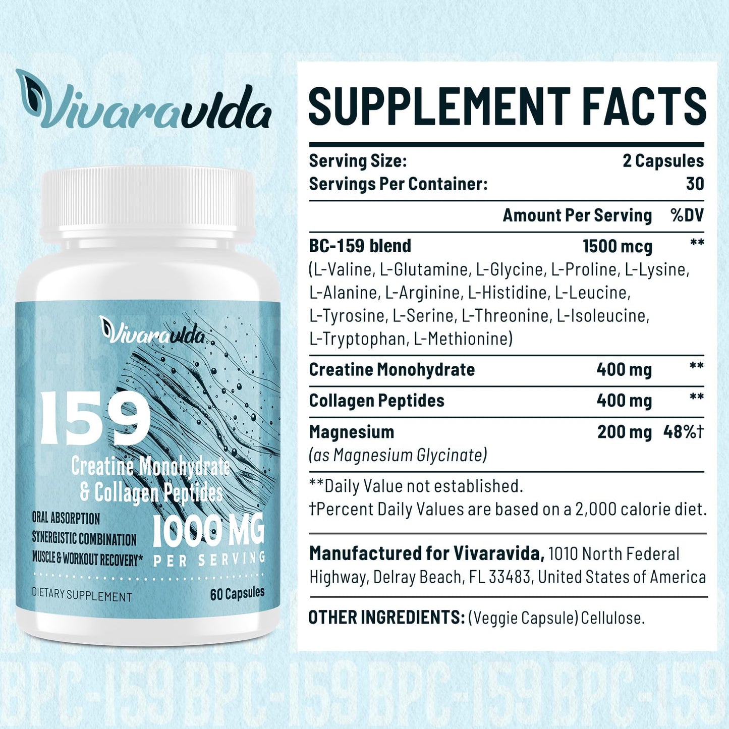 Vivaravida 1500mcg Peptide Formula – New BPC 159 Advanced Complex Collagen Amino Blend for Post-Workout Support, 60 Capsules
