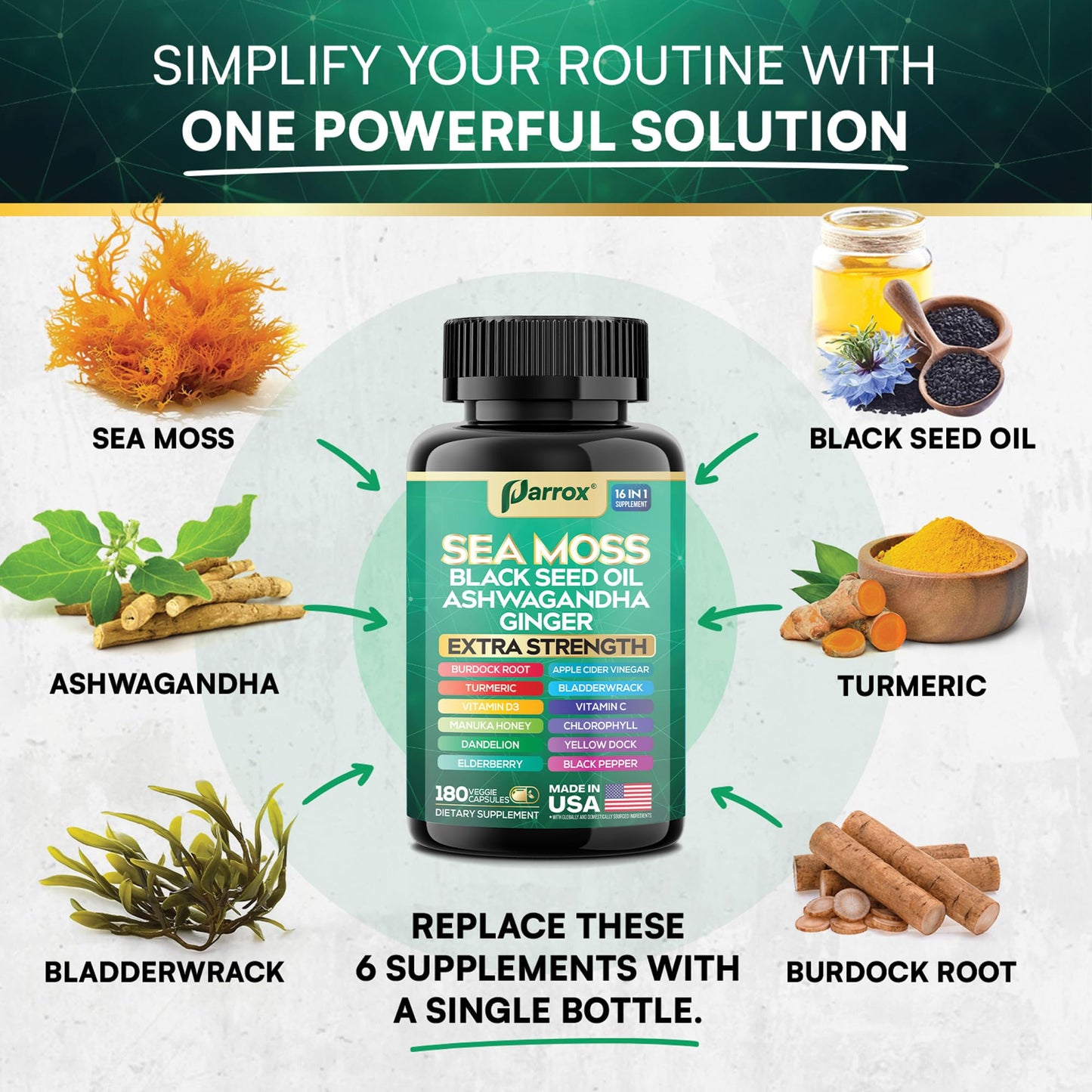 Parrox Sea Moss Black Seed Oil Supplement, 16-in-1 Ashwagandha Capsule, 180 Count