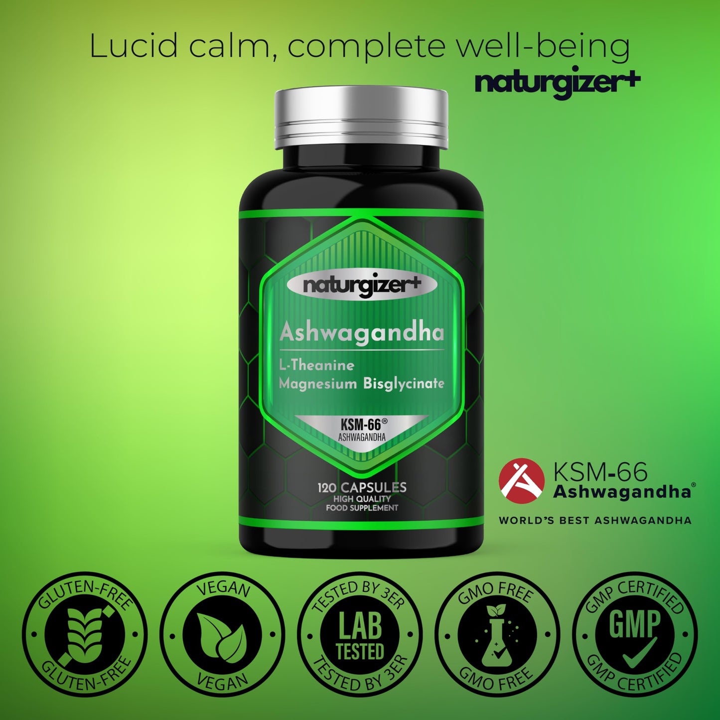 naturgizer+ Ashwagandha KSM-66 with Magnesium Glycinate Bisglycinate & L-Theanine 3-in-1 Complex Supplement for Calm Focus & Daily Balance - Vegan Non-GMO - 120 Capsules